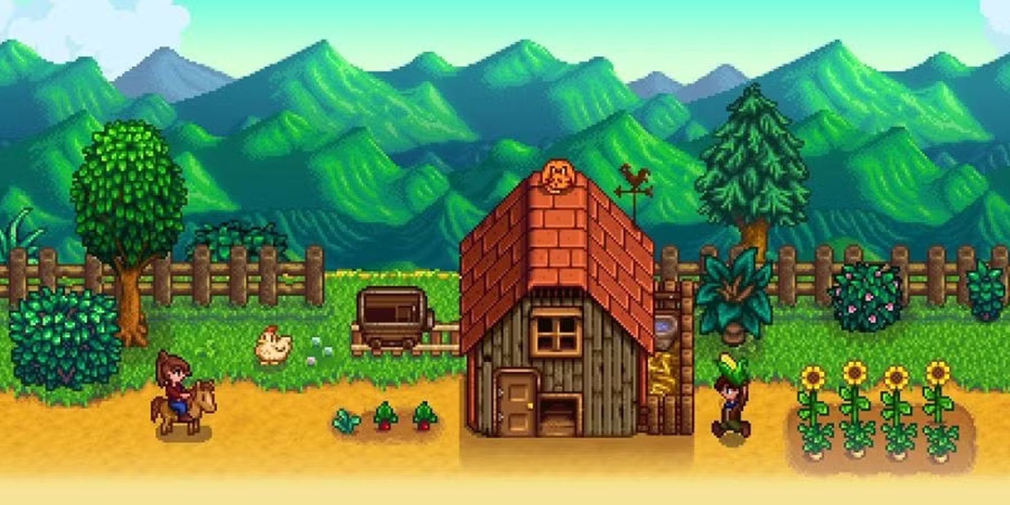 Two farmers riding a horse and harvesting corn near a house in Stardew Valley.