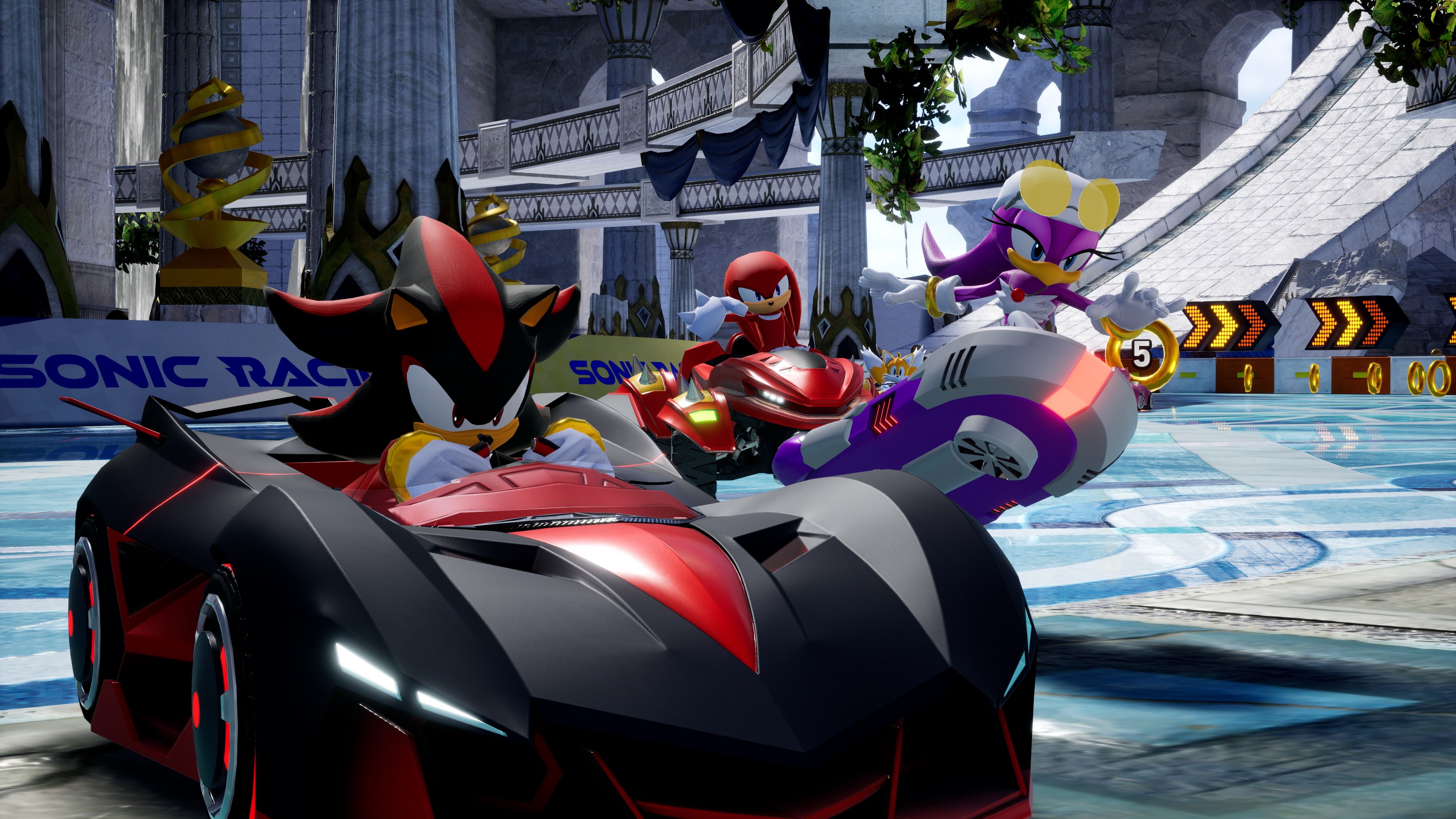 Shadow and Knuckles Racing in Sonic Racing: Crossworlds.