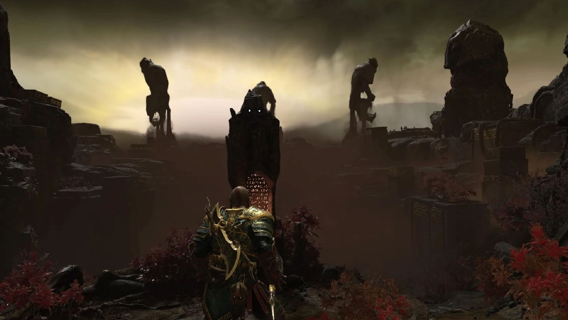 Kratos is traveling inside the Niflheim realm in God of War (2018).