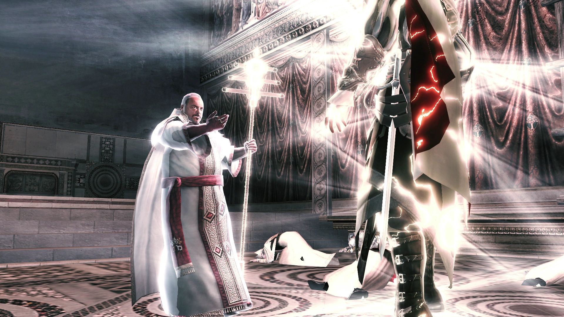 Rodrigo is using the Papal Staff in Assassins Creed 2.