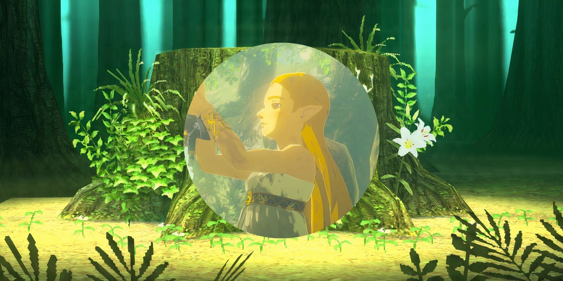 Zelda standing in front of a tree stump.
