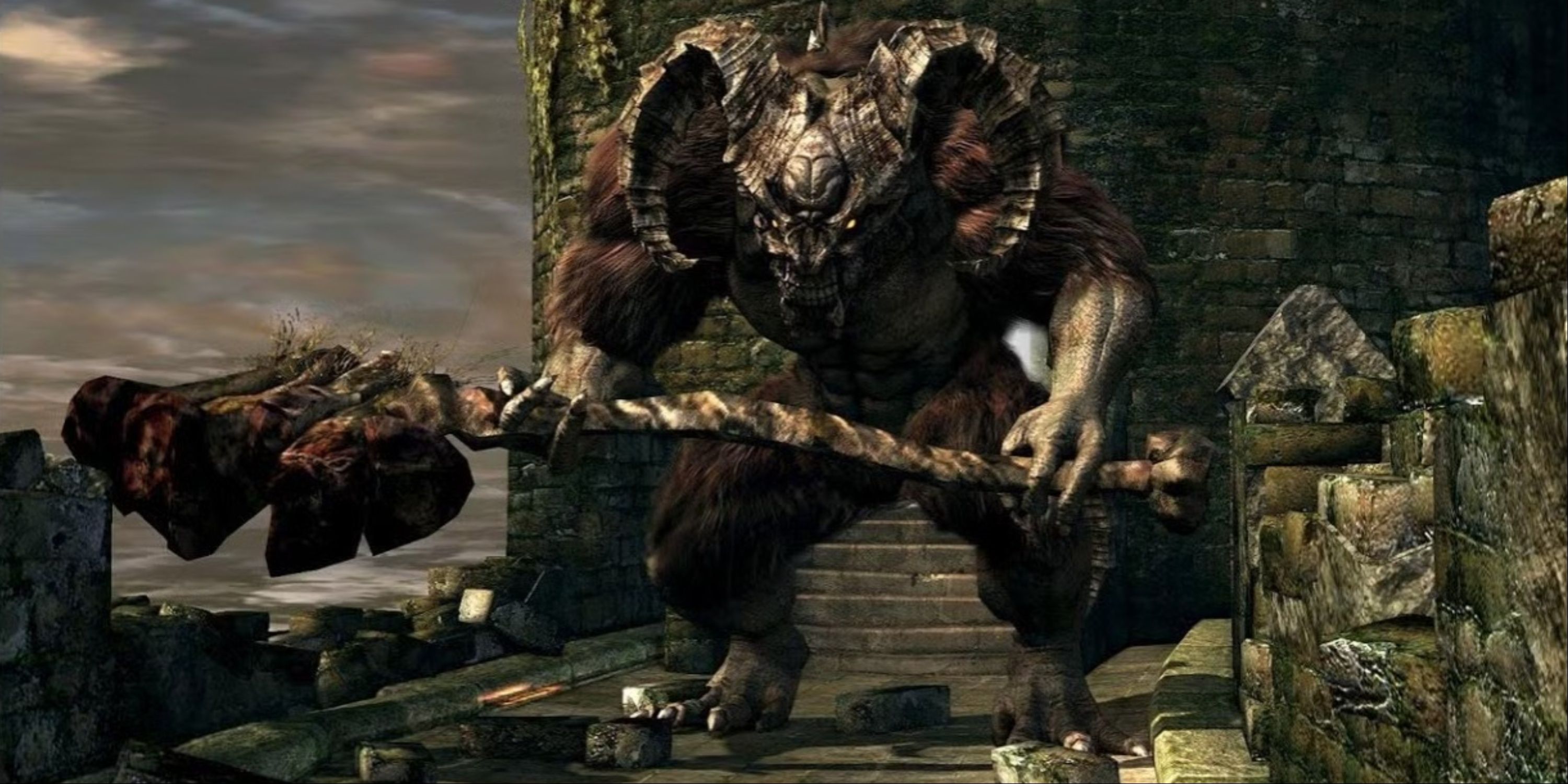 Un primo piano del boss dei Demoni Taurus di Dark Souls che sta per attaccare il giocatore.