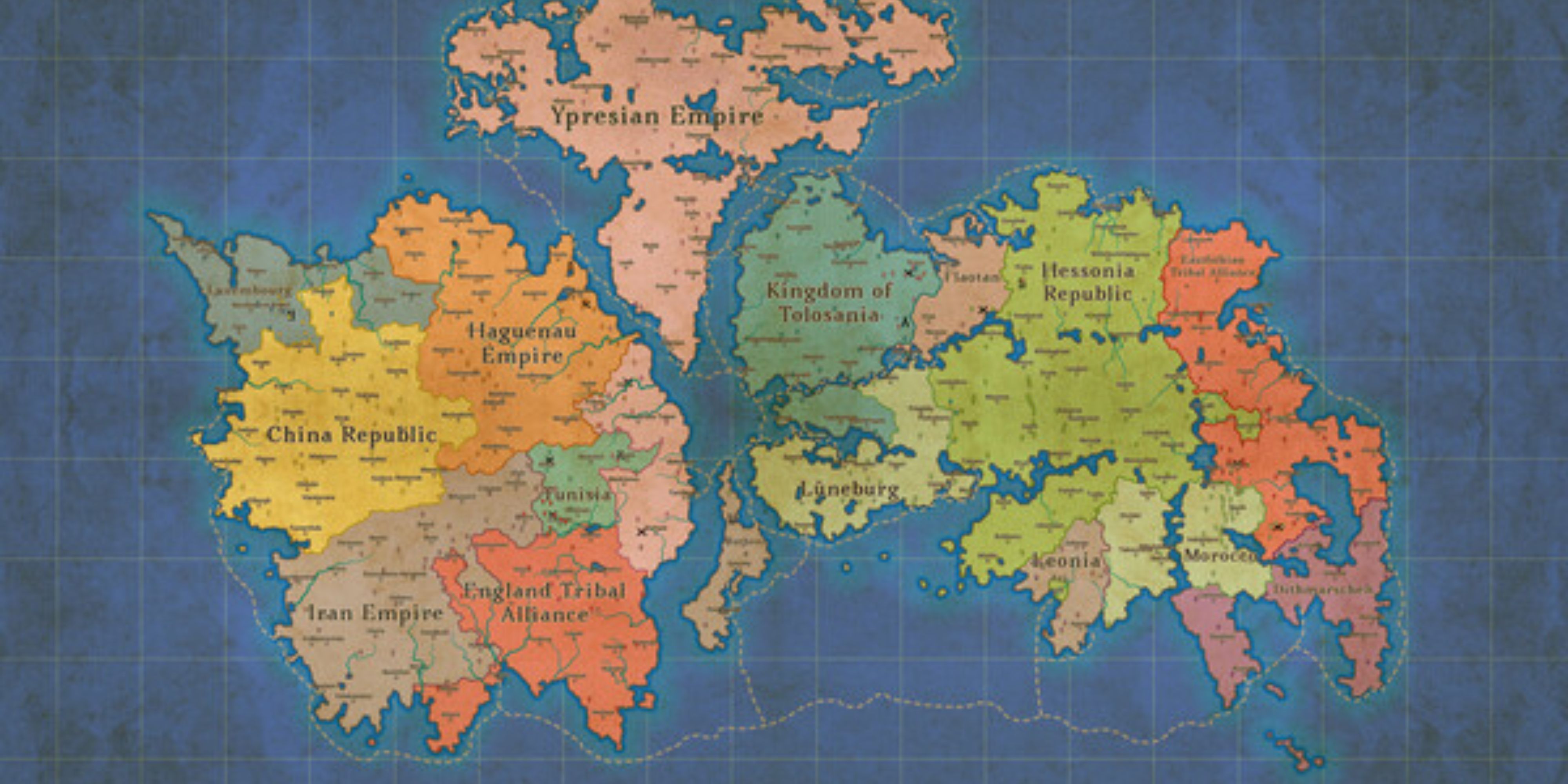 A map of a fantasy world is shown from Fantasy Map Simulator.