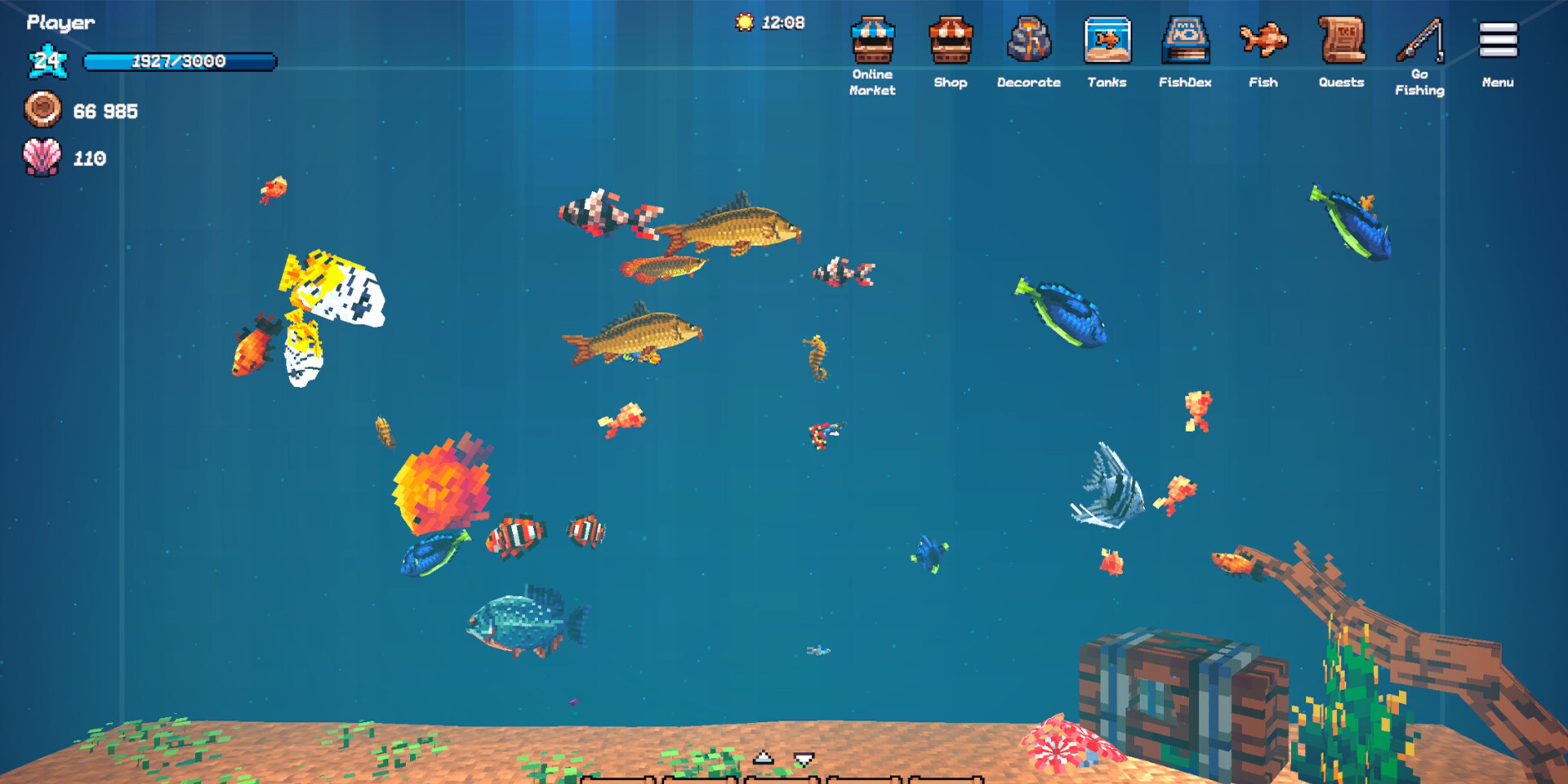 An aquarium is filled with fish and decorations in Tiny Aquarium.