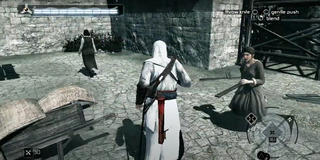Beggar woman running up to Altair in Assassin's Creed.