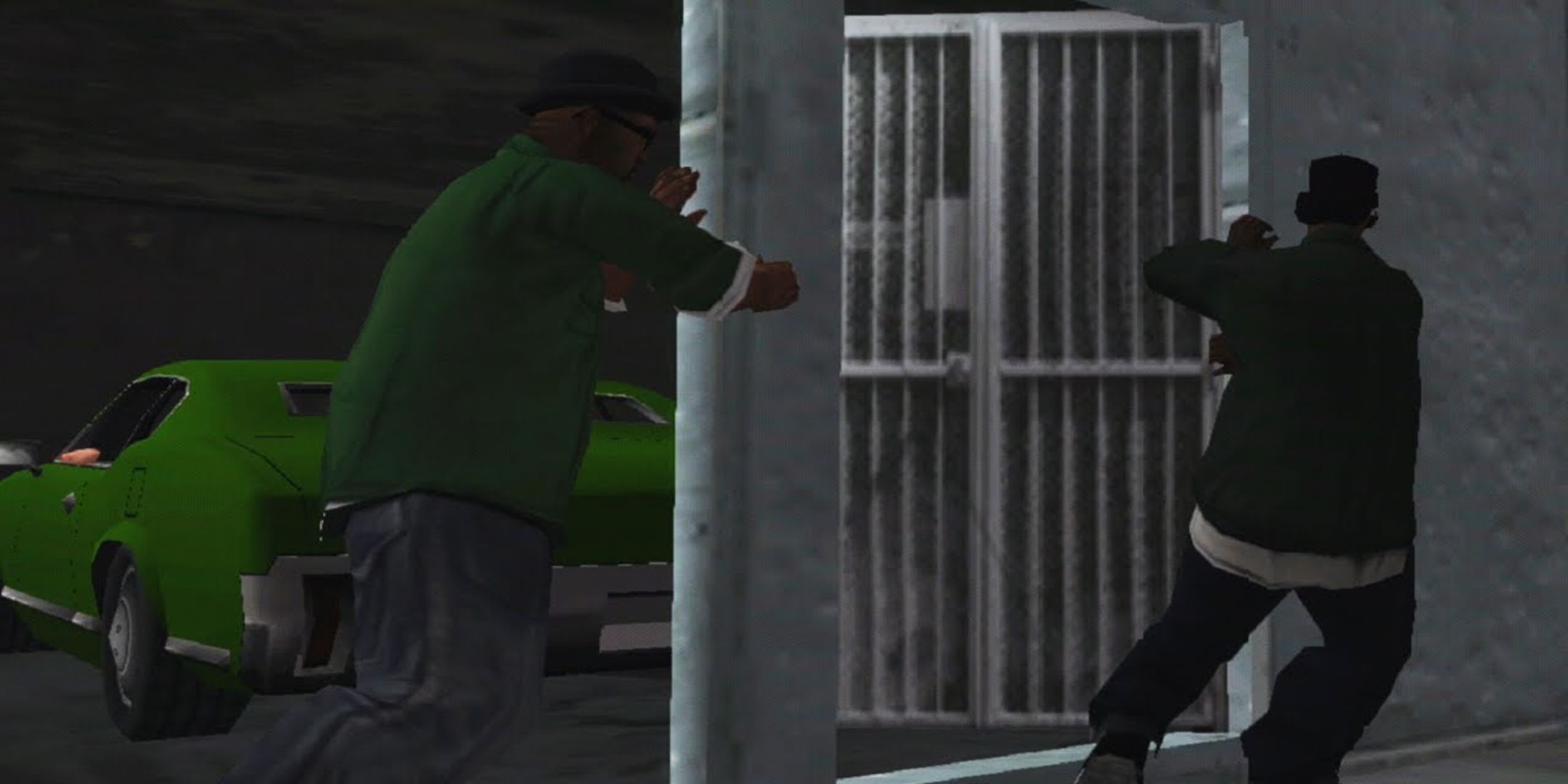 Big Smoke and Ryder revealing the Green Sabre car in Grand Theft Auto San Andreas.
