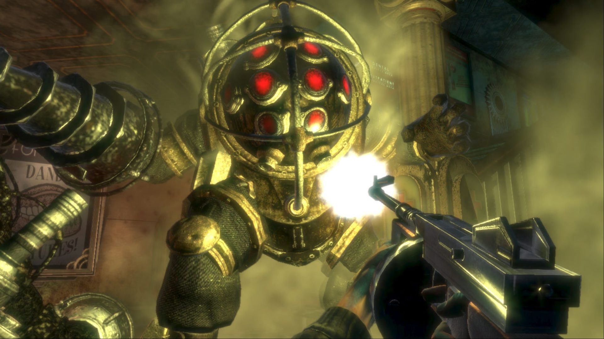 Jack shooting a Big Daddy with a Thompson SMG in BioShock.