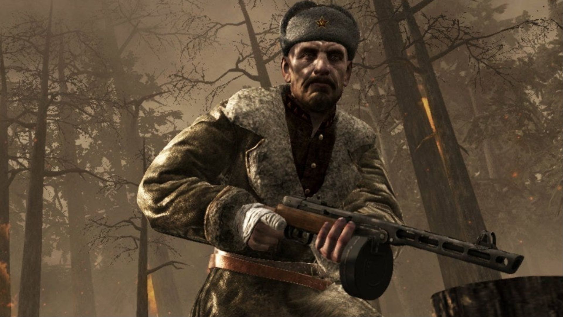 Viktor Reznov running toward the camera, wielding a PPSh-41 in Call of Duty: World at War.