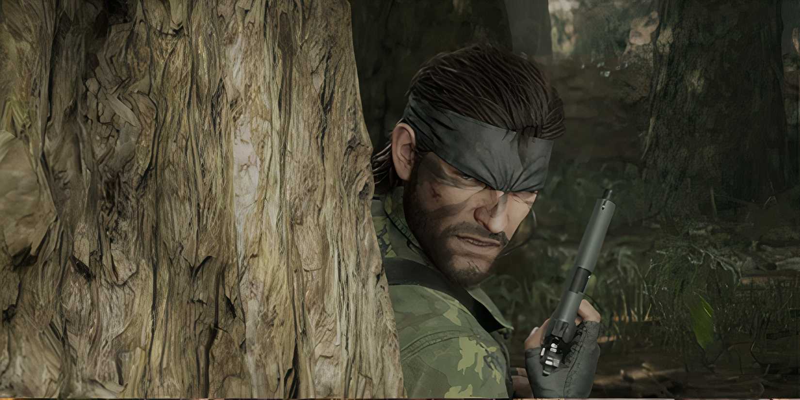 solid snake hiding behind a tree in metal gear solid delta snake eater.