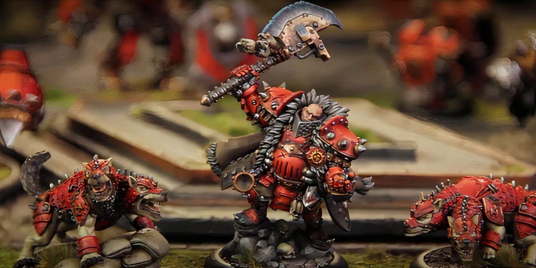 Dogs standing next to an axe-wielding soldier from Warmachine.