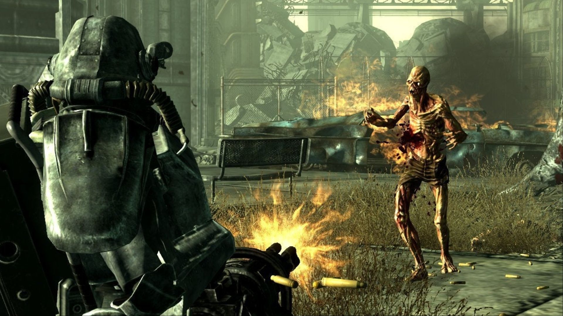 The Vault Dweller, in full Brotherhood of Steel Armor, unleashing a barrage of bullets with a Chain Gun onto a Ghoul in Fallout 3.