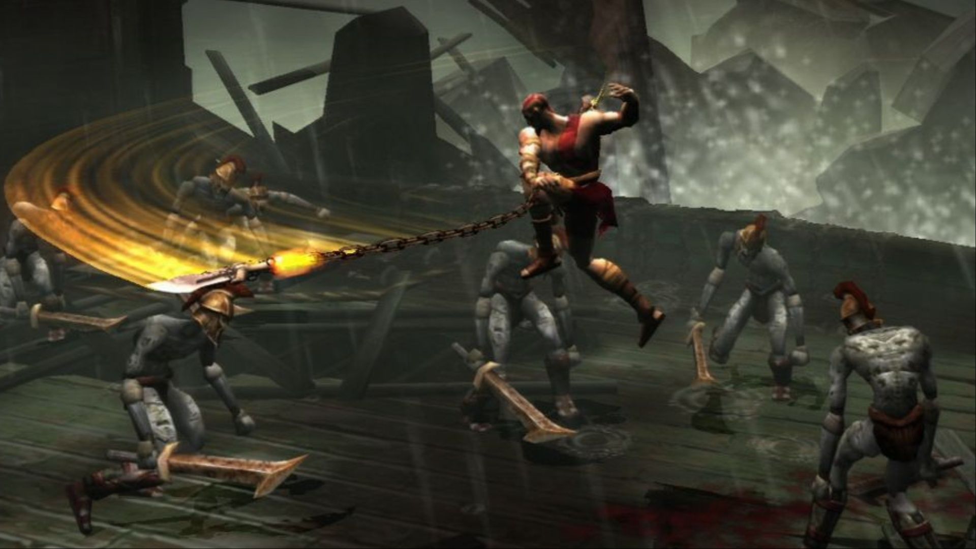 Kratos swinging his Blades of Chaos at a group of Legionnaires on a ship in God of War.
