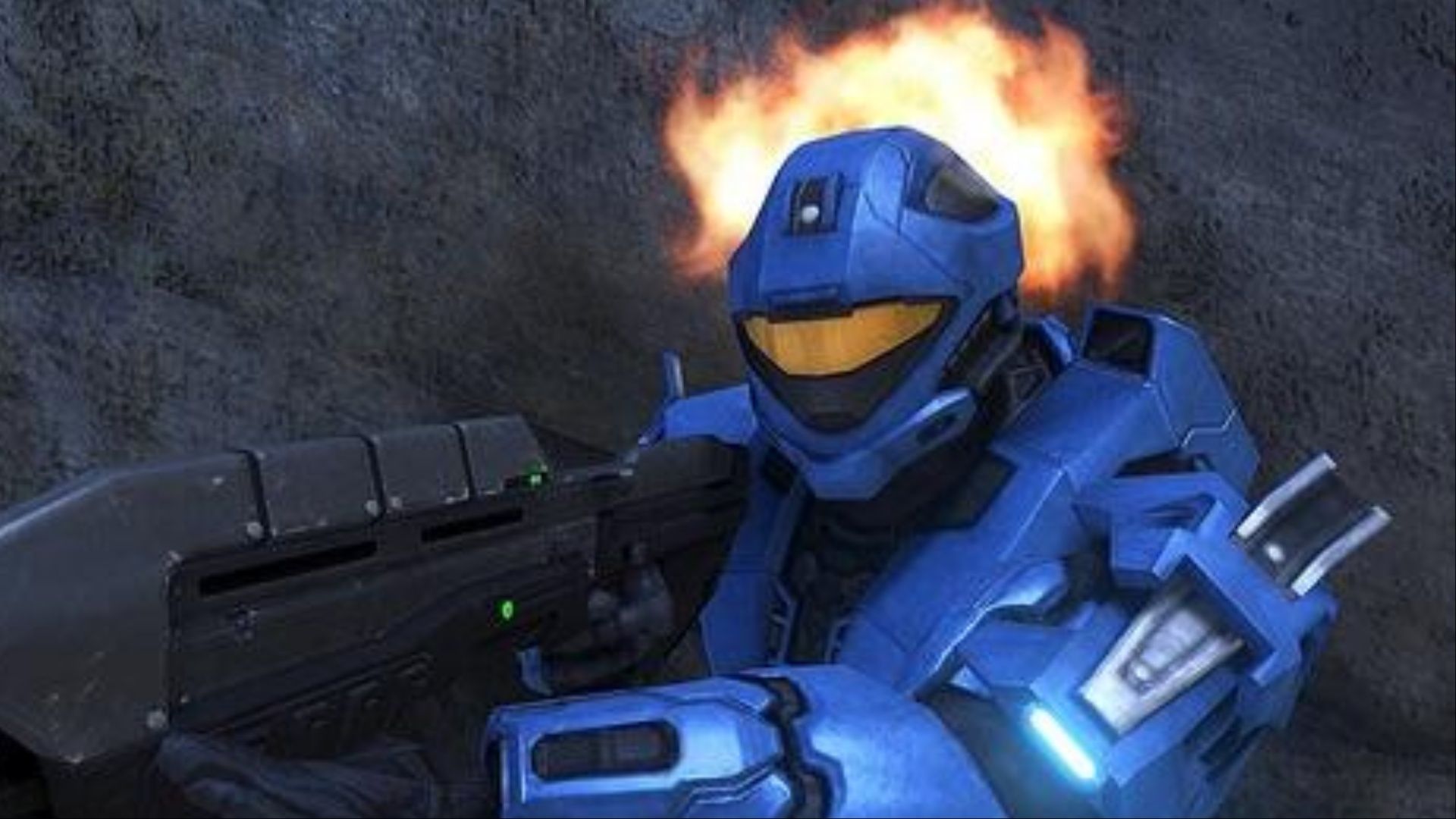 A Spartan wearing Recon Armor with the Bungie Chest Plate, granting them a Flaming Head, in Halo 3.