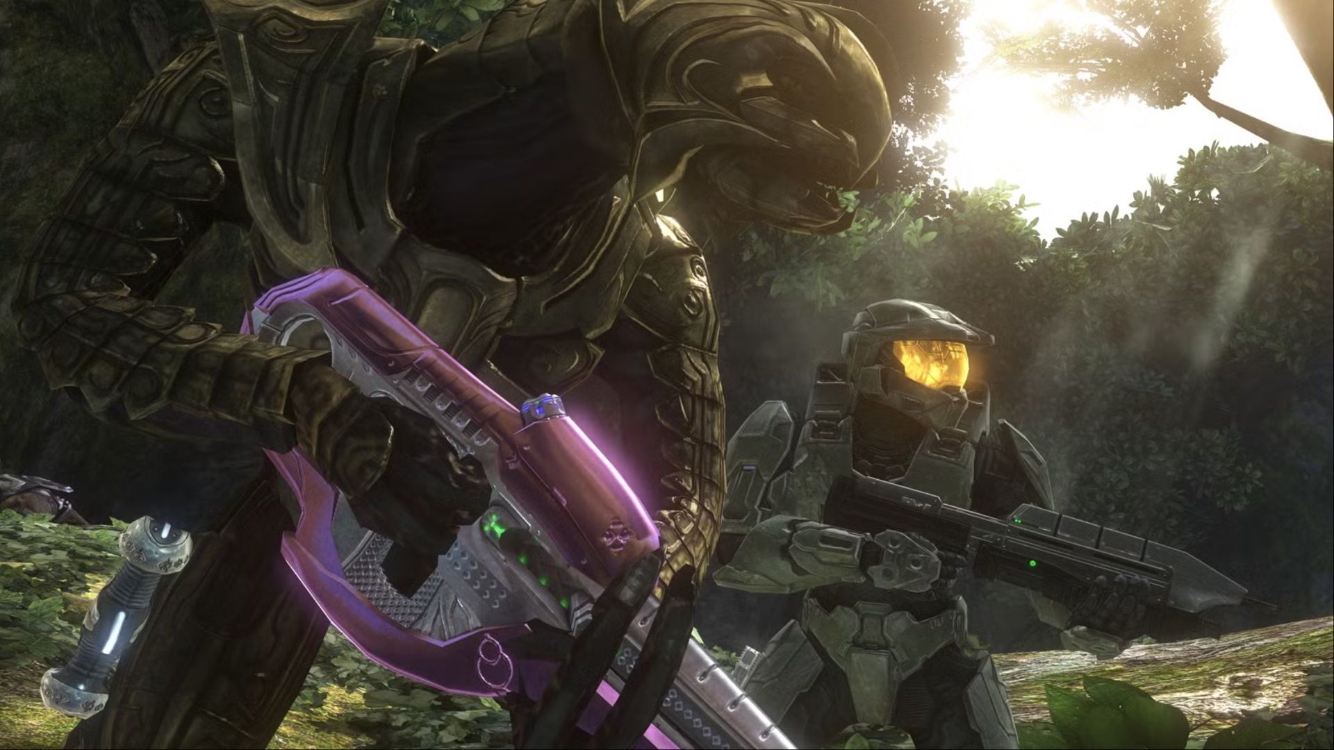 The Arbiter and Master Chief standing side-by-side, weapons drawn, near Mount Kilimanjaro in Halo 3.