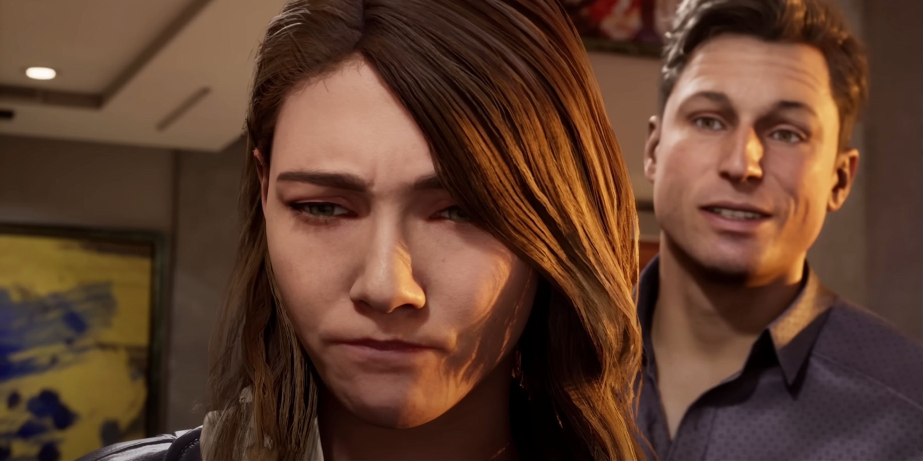 Johnny smiling behind Cris as she has a look of disappointment and regret in Mortal Kombat 1.