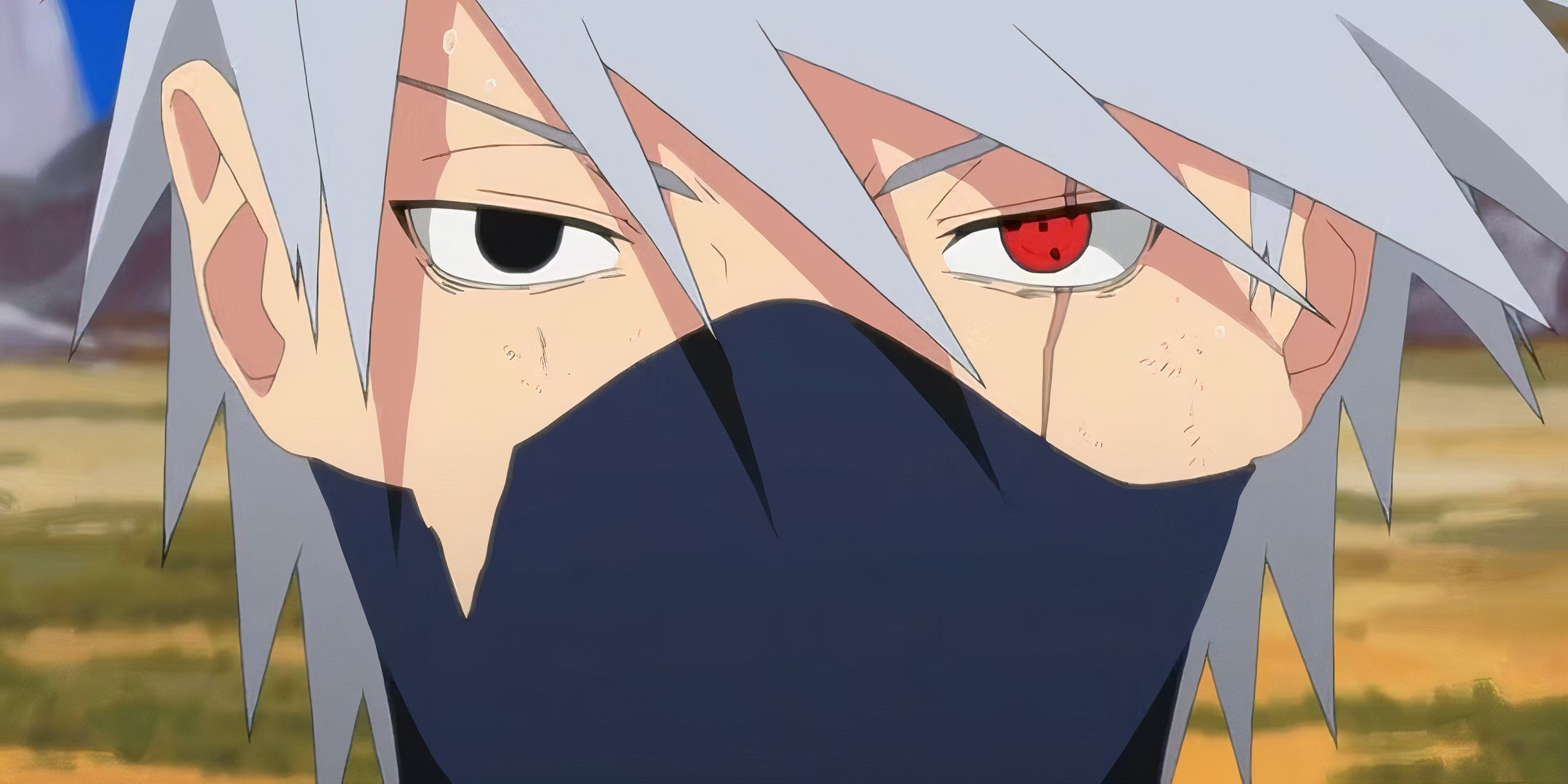 Kakashi's face is closed, one eye is black and the other is out of his sharing from Naruto.