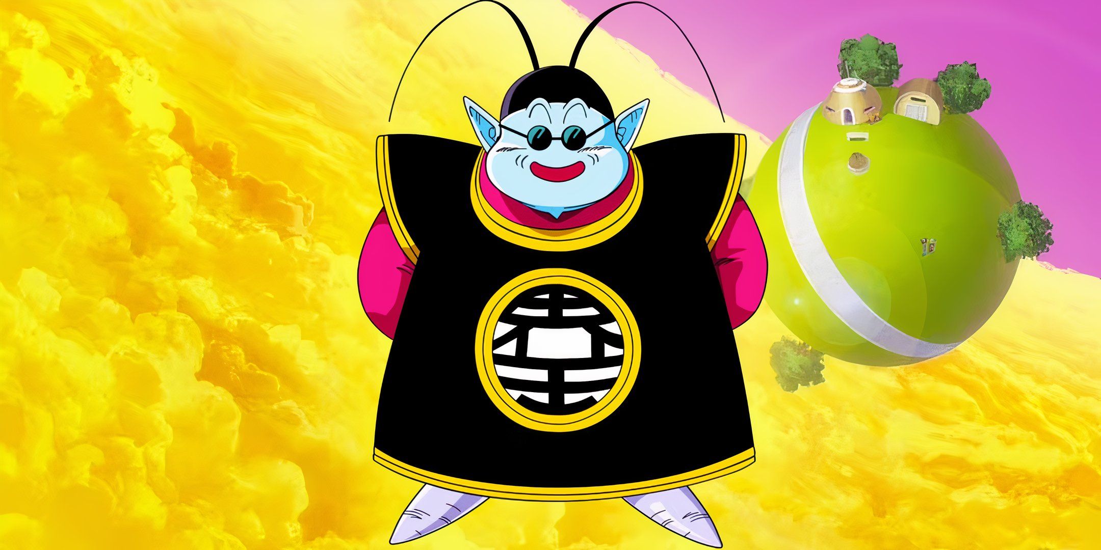 King Kai smiles and stands in front of his hometown in DBZ.