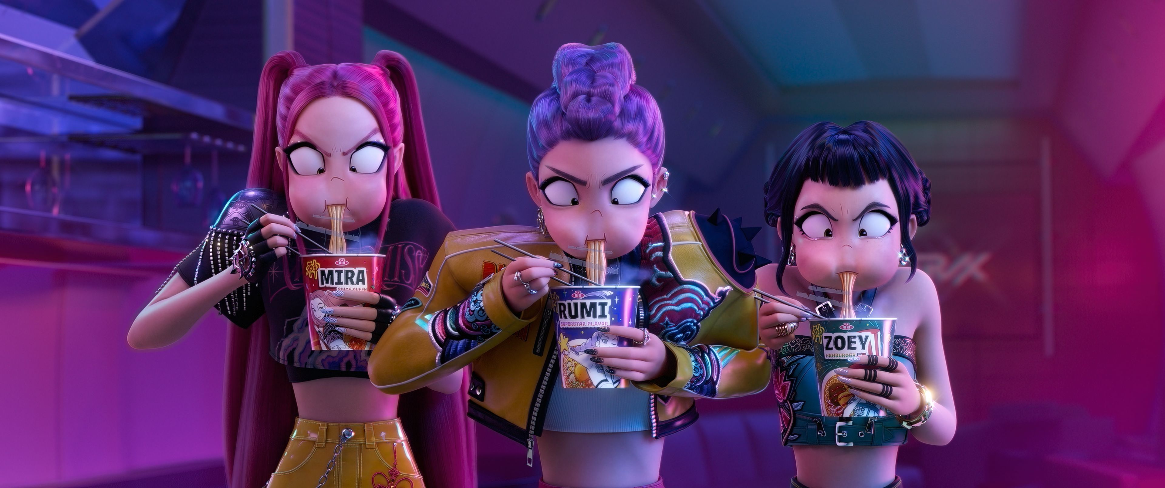 Rumi, Mira and Zoey eat the shoulders in the K-POP demons. 