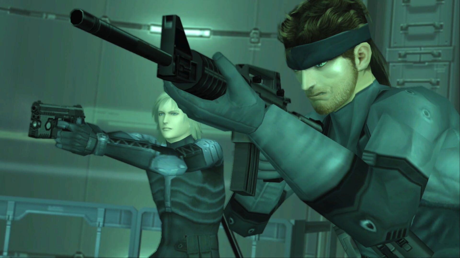 Raiden and Solid Snake standing side-by-side with their weapons drawn in Metal Gear Solid 2: Sons of Liberty.