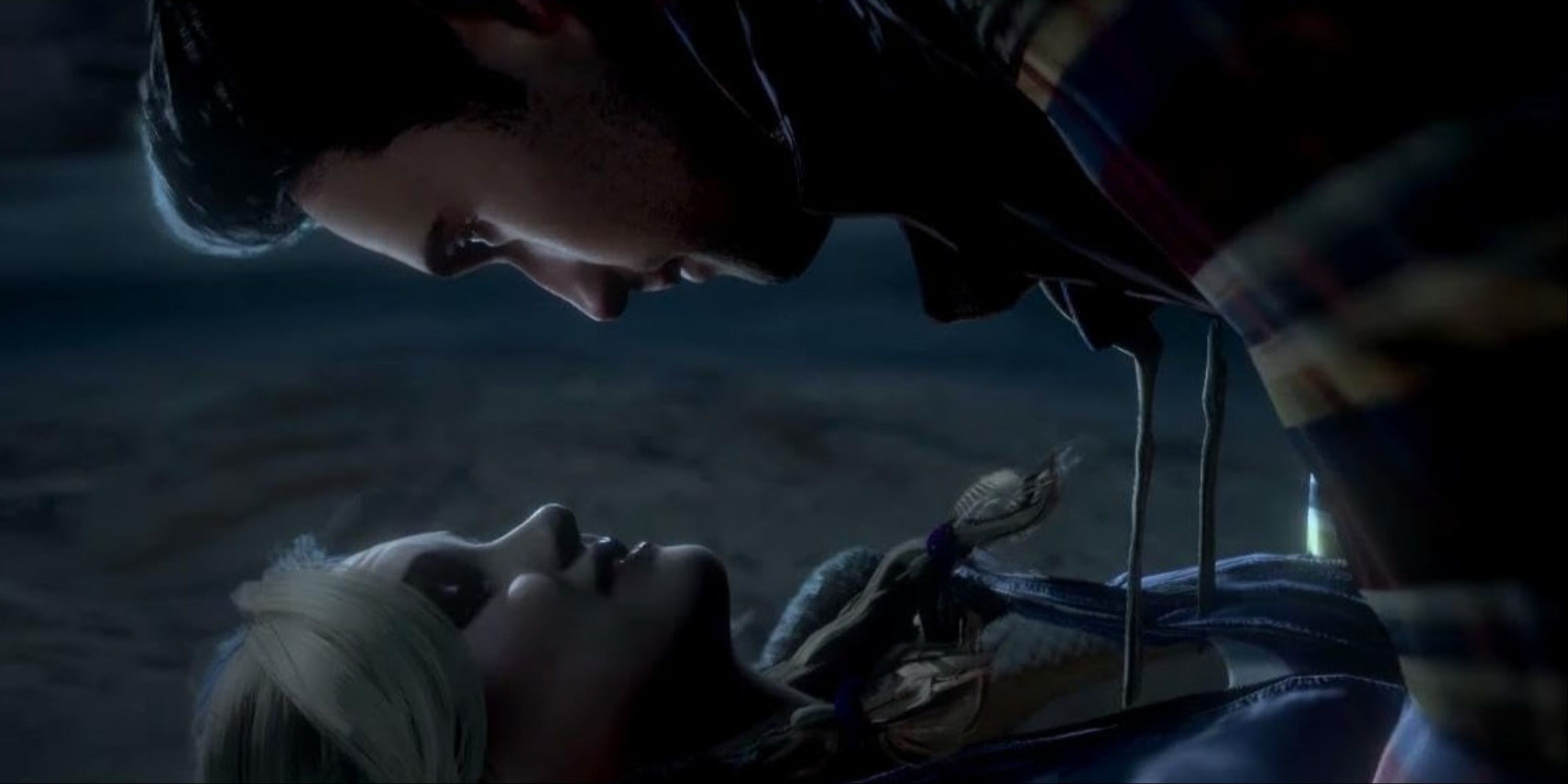 Mike leaning on top of Jess about to go in for a kiss in Until Dawn.