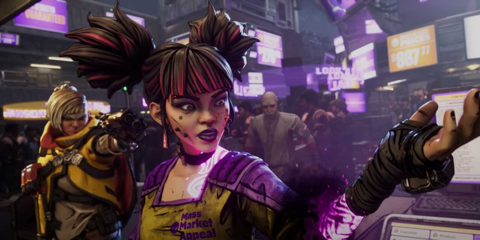 Vex from Borderlands 4 looking at her glowing arm in horror as someone points a gun at her in a crowded market.