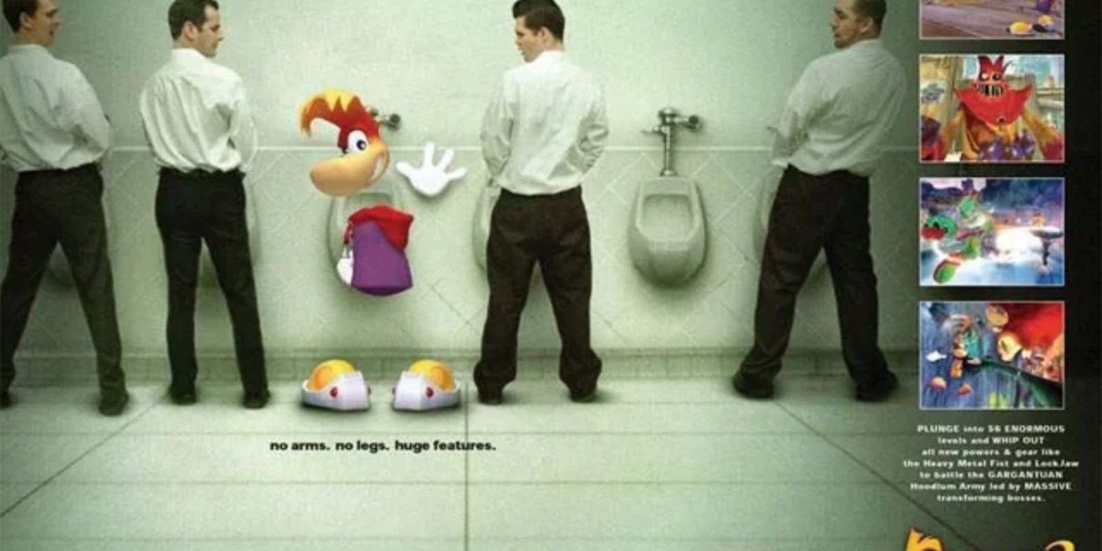 Rayman using a urinal with others for an ad.