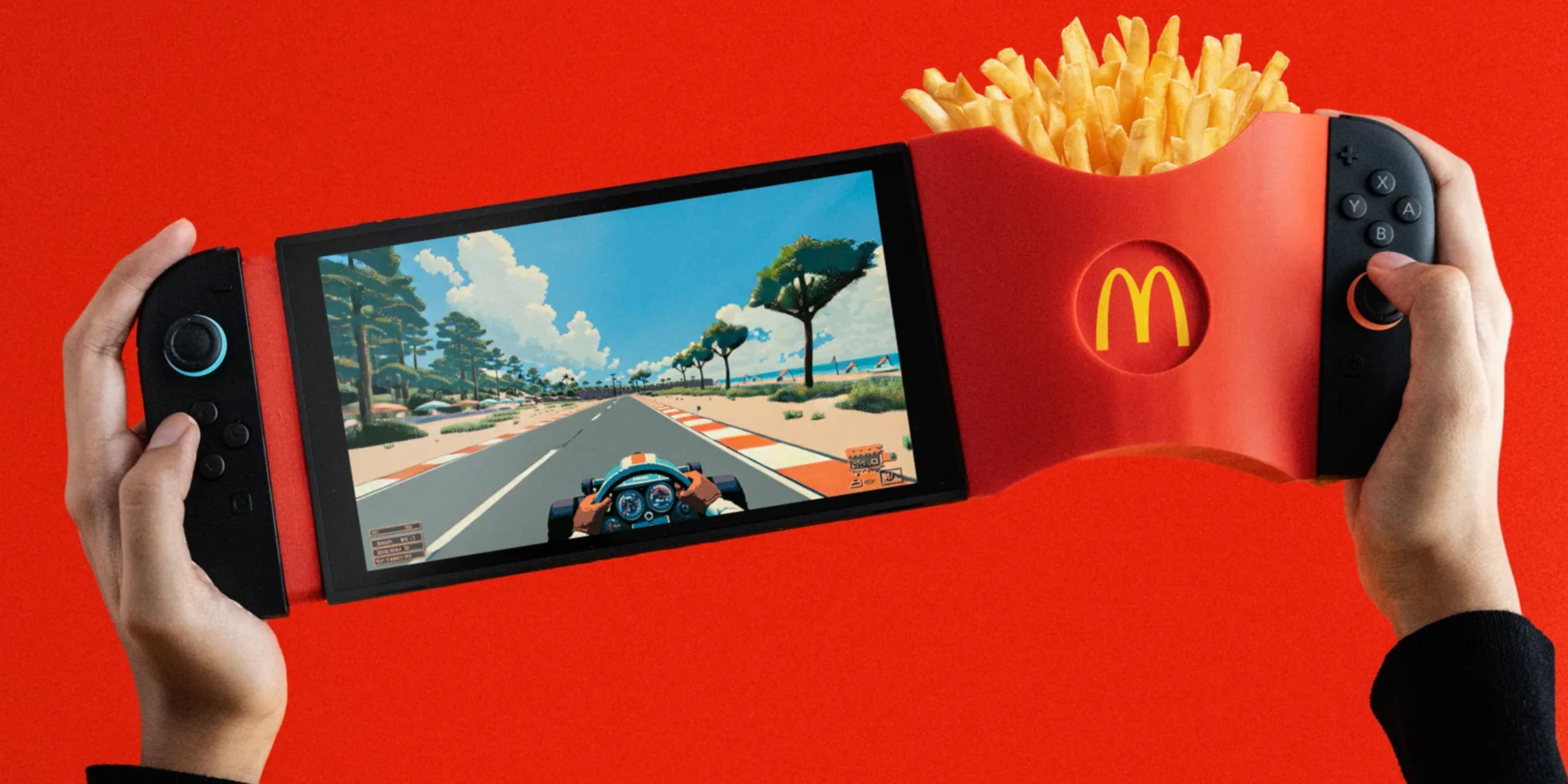 switch 2 connected to a 3d printed mcdonald's fries box.
