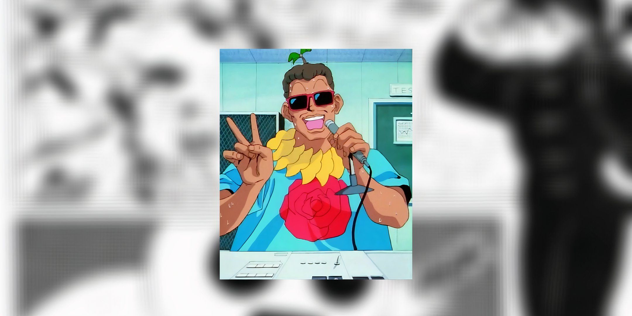 Principal Kuno has a microphone in one hand while wearing a peace mark and wearing a Hawaii shirt in RANMA 1/2.