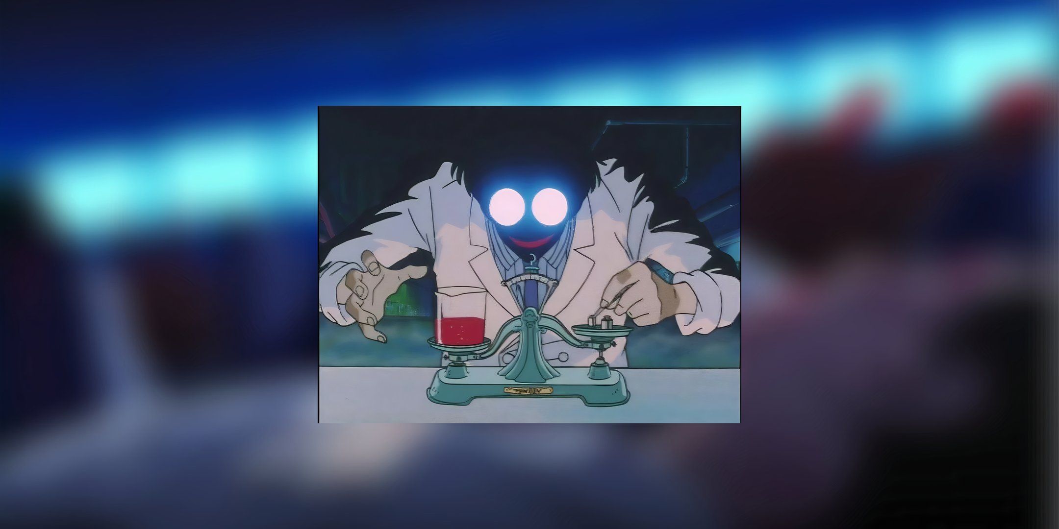 Professor Tomoe has beakers filled with red liquids on the left scale and weighs some weight on the right to Sailor Moon S.