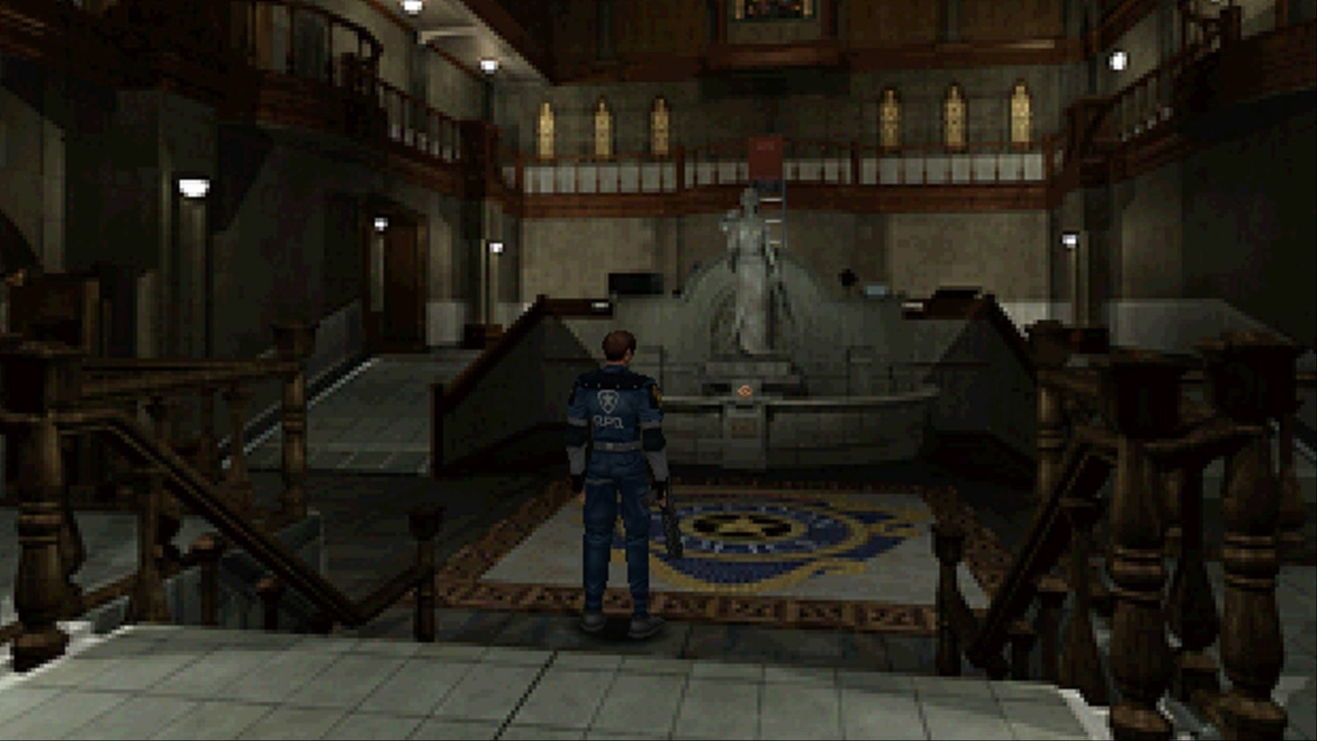 Leon Kennedy approaching the secret tunnel in the Racoon City Police Department in Resident Evil 2.