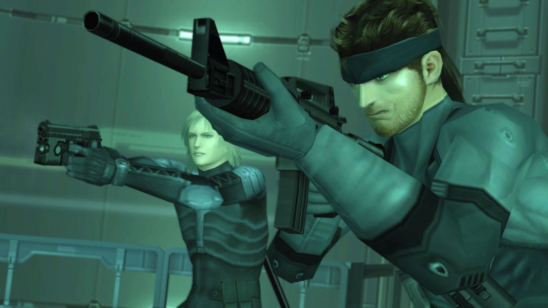 Raiden and Solid Snake aim weapons at the enemy in Metal Gear Solid 2.
