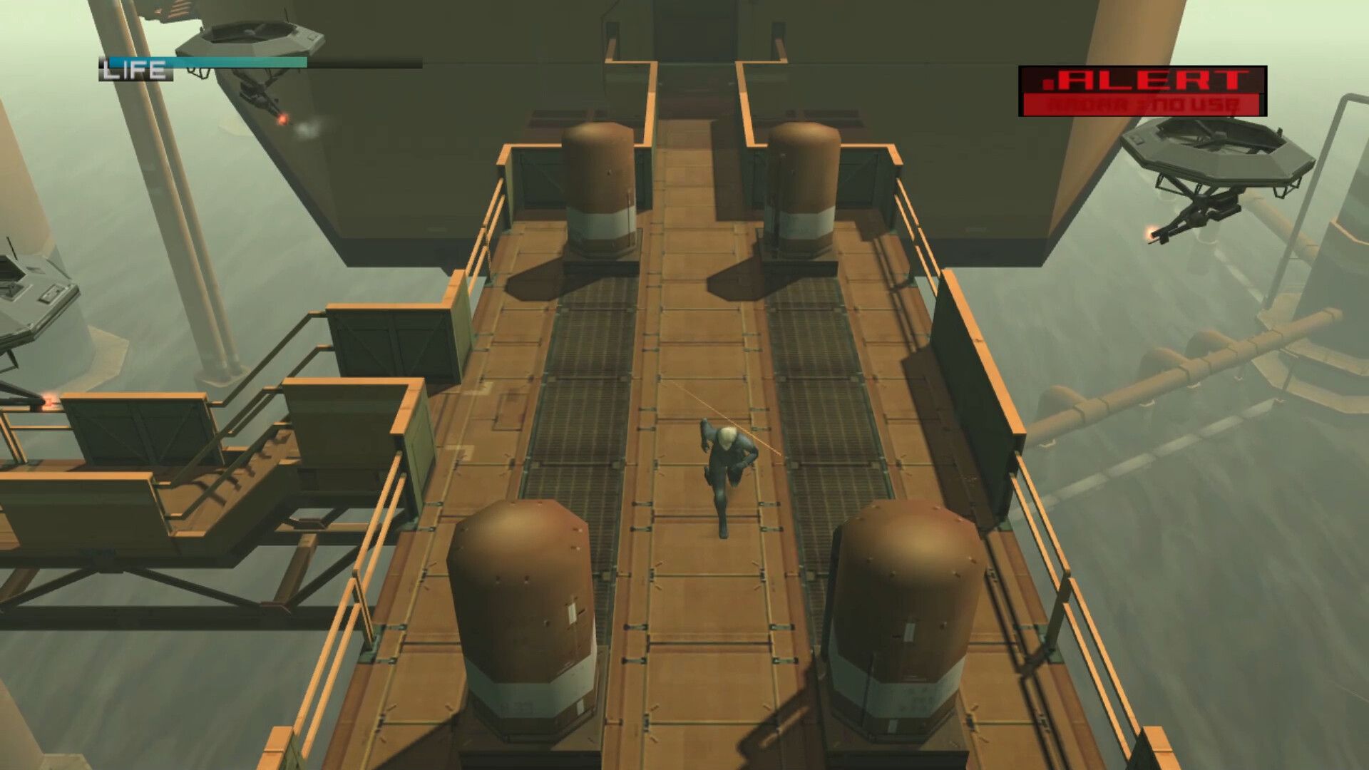 Raiden sprints away from patrolling drones on big shell in Metal Gear Solid 2.
