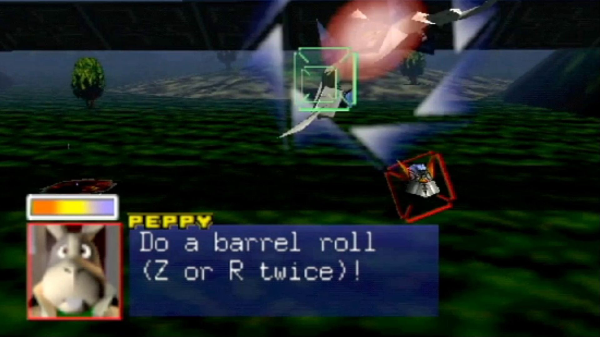 Peppy telling Fox McCloud to 'Do a barrel roll' in Star Fox 64.