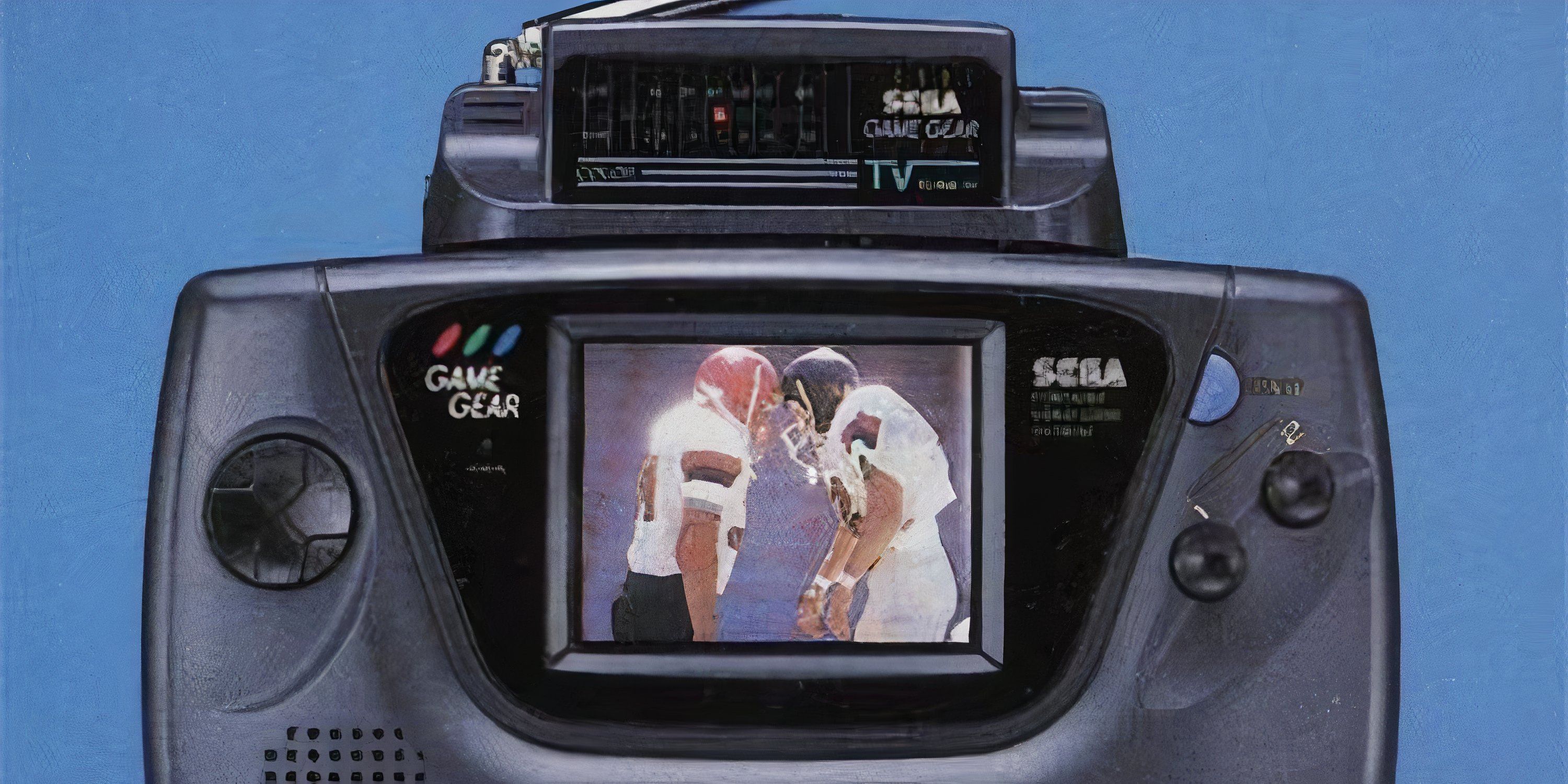The Game Gear displaying a football match with the TV Tuner.