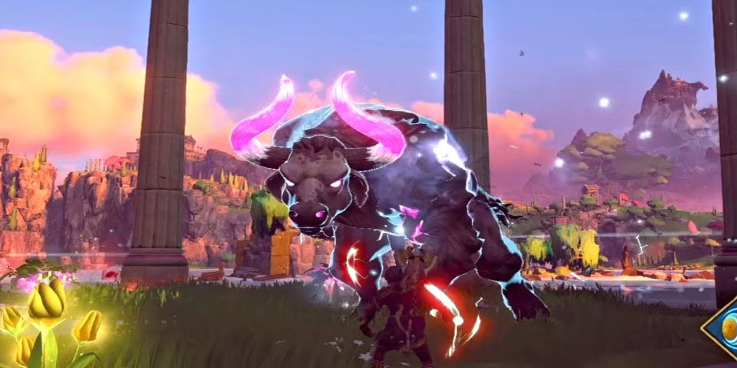 Il protagonista principale che combatte un minotauro gigante con corna luminose rosa in immortale che sorge Fenyx.