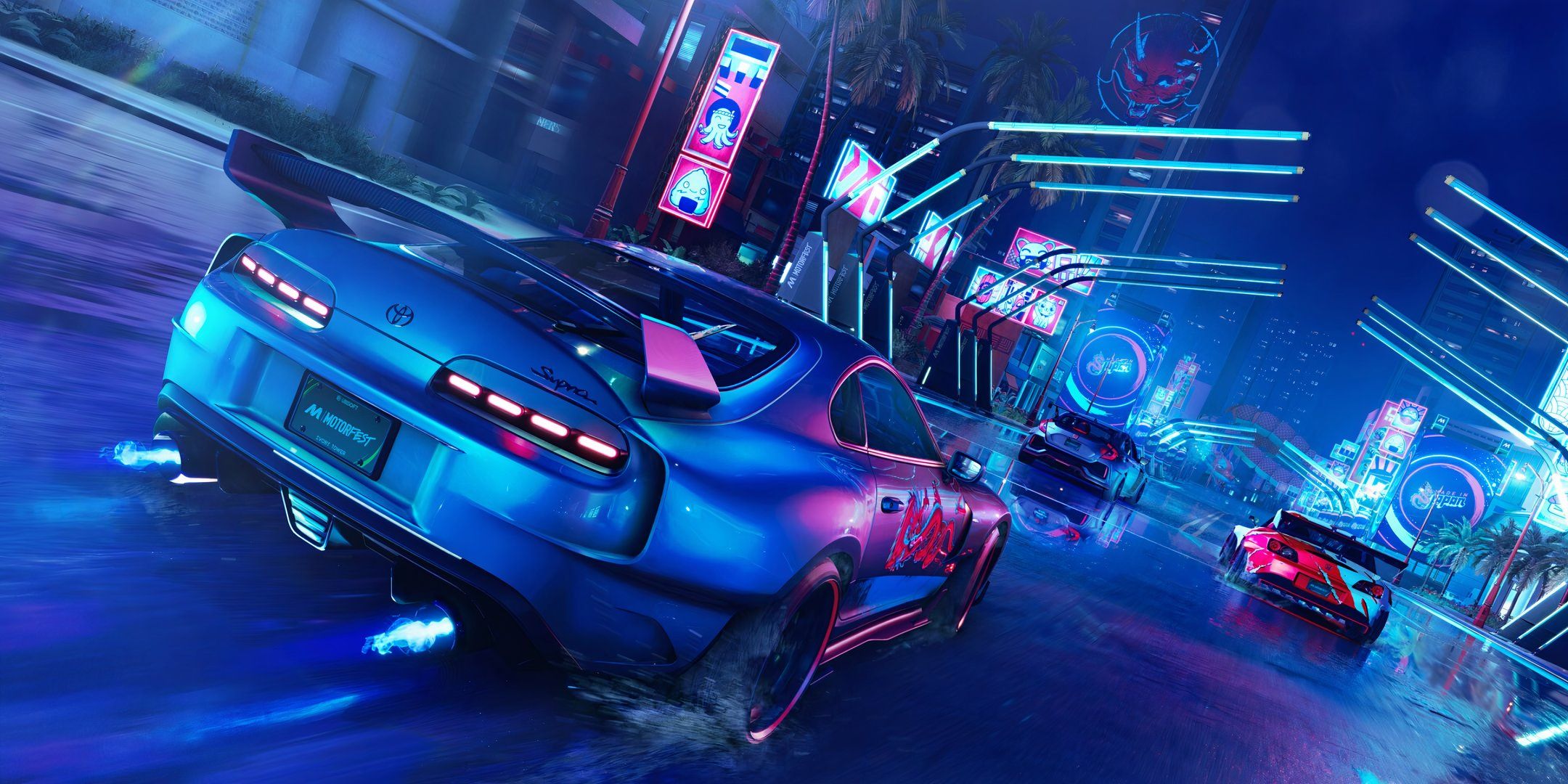 A blue sports car driving around at night in The Crew: Motorfest.
