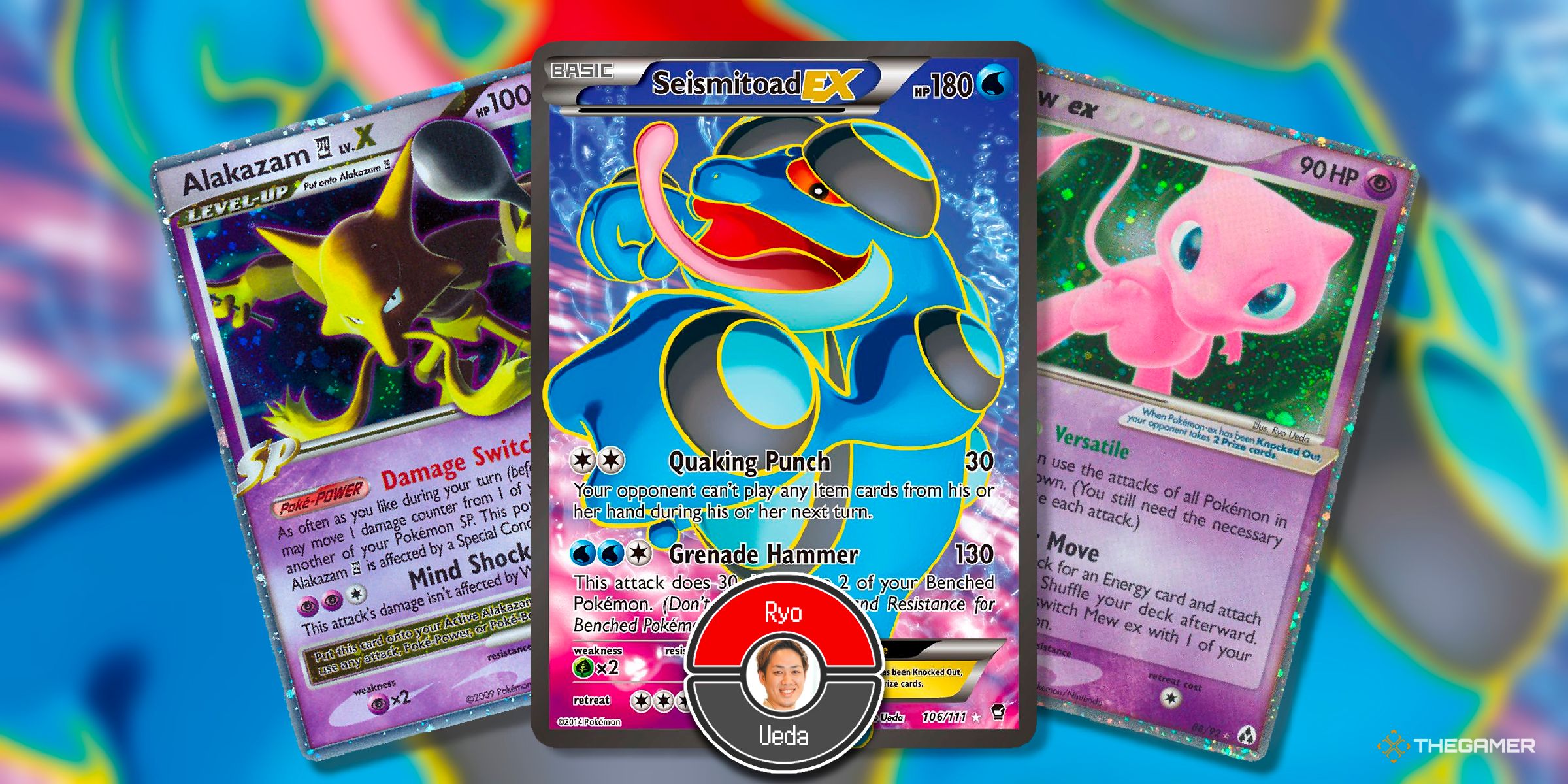 Three cards of Alakazam LV.X (Rising Rivals), Seismitoad EX (Furious Fists, full art) and Mew EX (Legend Maker) illustrated by Ryo Ueda from the Pokemon TCG.