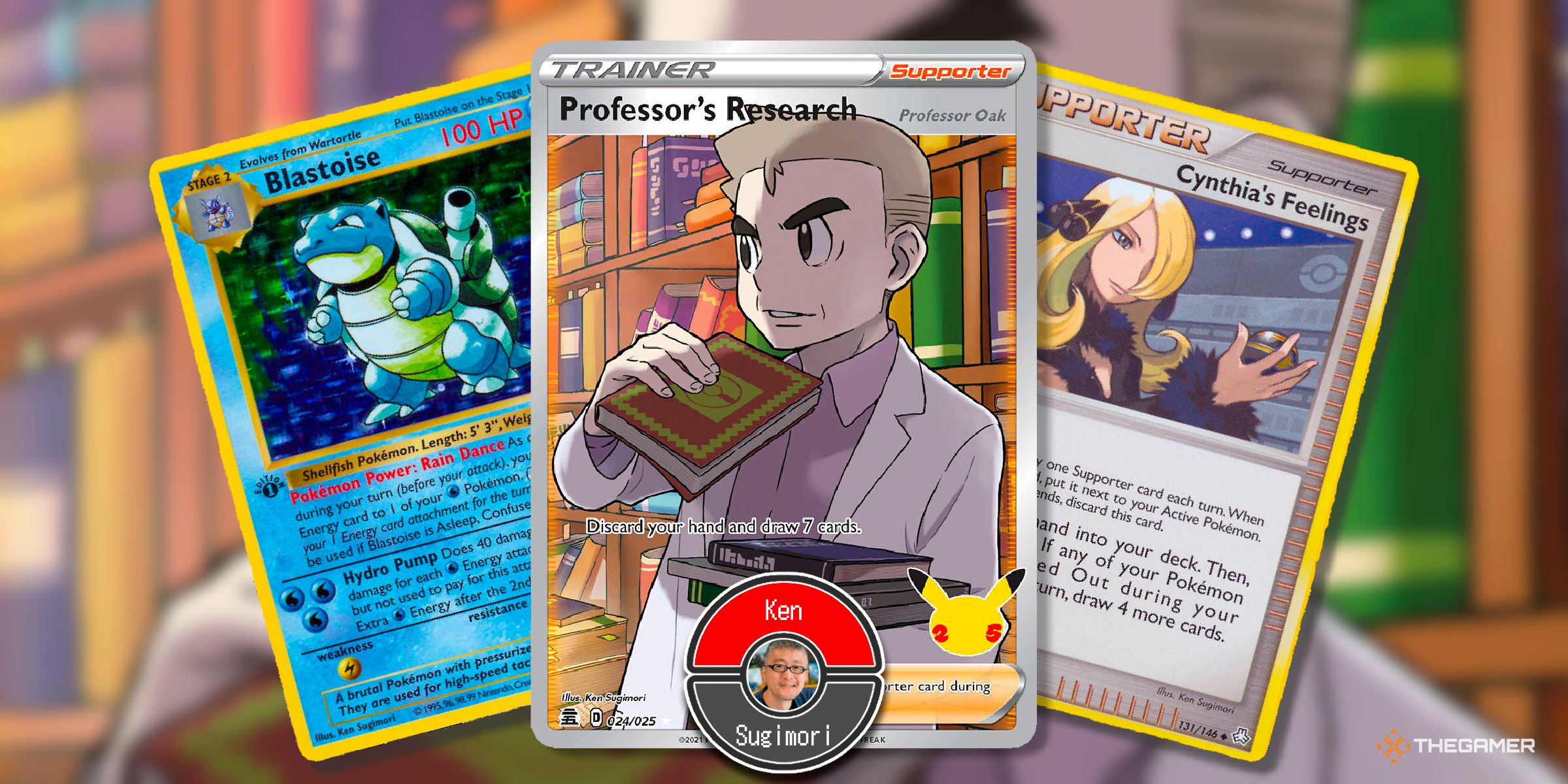 Three cards of Blastoise (Base Set), Professor's Research - Professor Oak (Celebrations, full art) and Cynthia's Feelings (Legends Awakened) illustrated by Ken Sugimori from the Pokemon TCG.