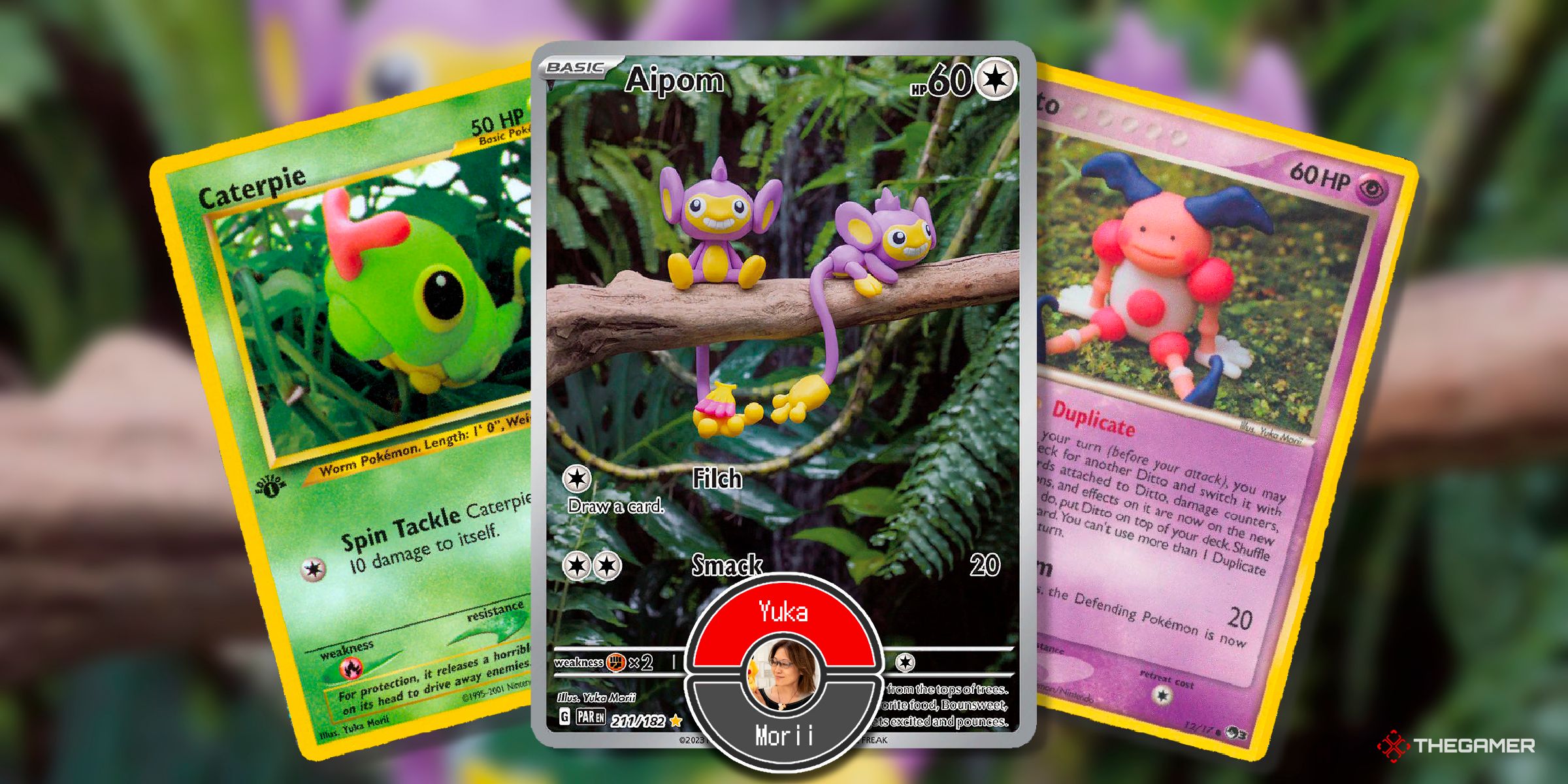 Three cards of Caterpie (Neo Discovery), Aipom (Paradox Rift, illustration rare) and Ditto (POP Series 3, Transformed as Mr. Mime) illustrated by Yuka Morii from the Pokemon TCG.