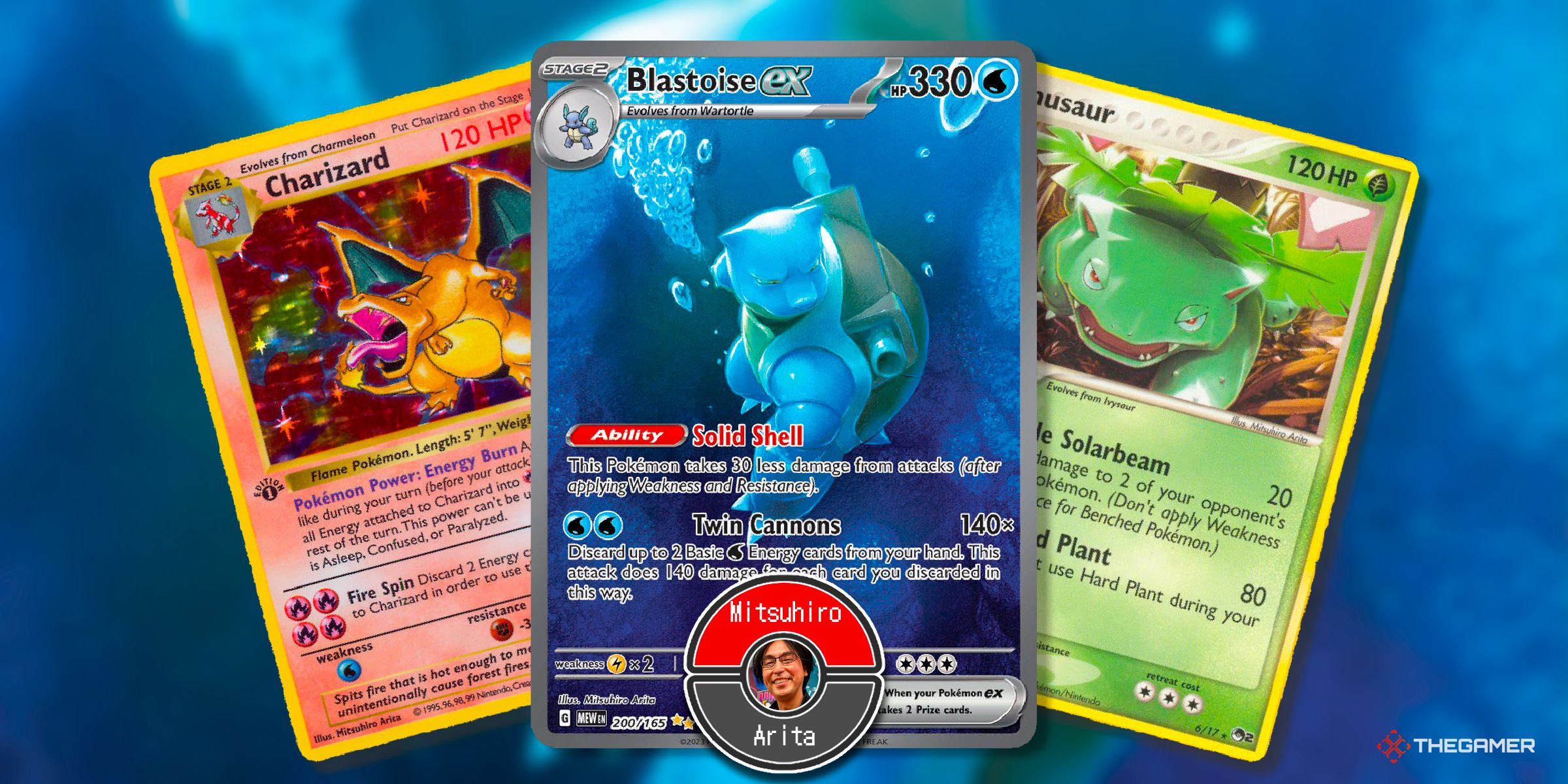 Three cards of Charizard (Base Set), Blastoise (151, special illustration rare) and Venusaur (POP Series 2) illustrated by Mitsuhiro Arita from the Pokemon TCG.