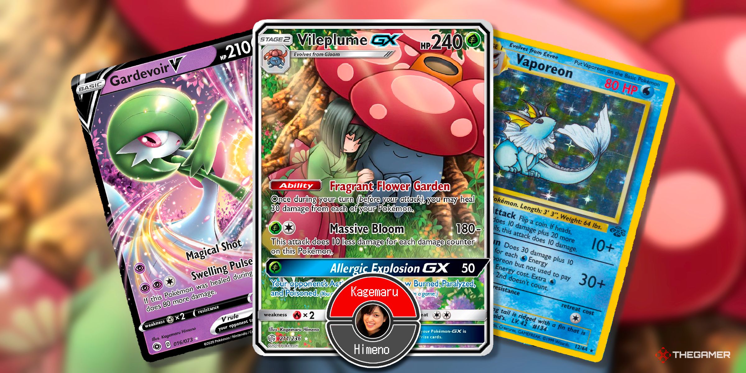 Three cards of Gardevoir V (Champion's Path), Vileplume GX (Cosmic Eclipse, full art) and Vaporeon (Jungle) illustrated by Kagemaru Himeno from the Pokemon TCG.