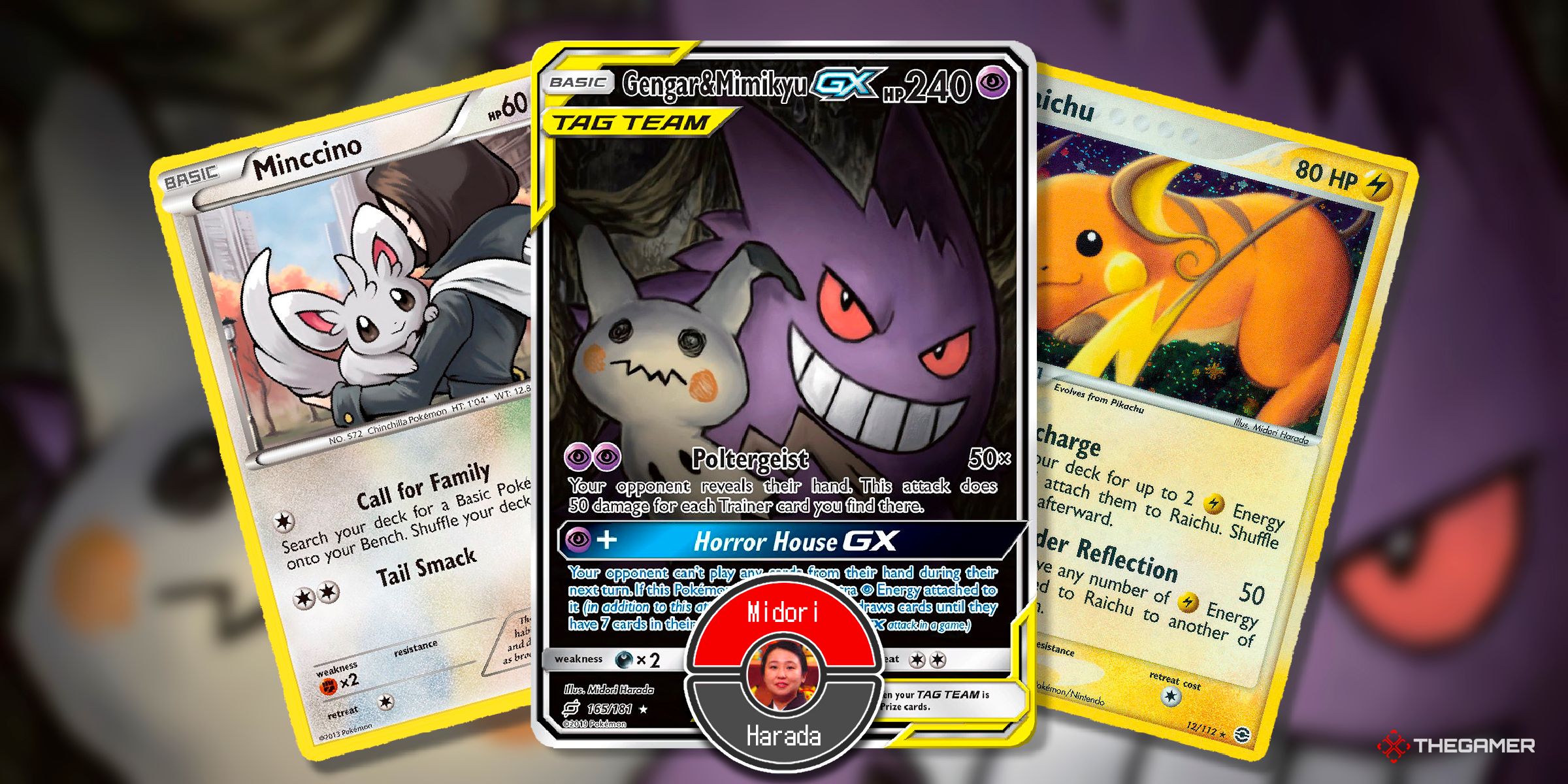 Three cards of Minccino (Legendary Treasures), Gengar & Mimikyu GX (Team Up, full art) and Raichu (FireRed & LeafGreen) illustrated by Midori Harada from the Pokemon TCG.
