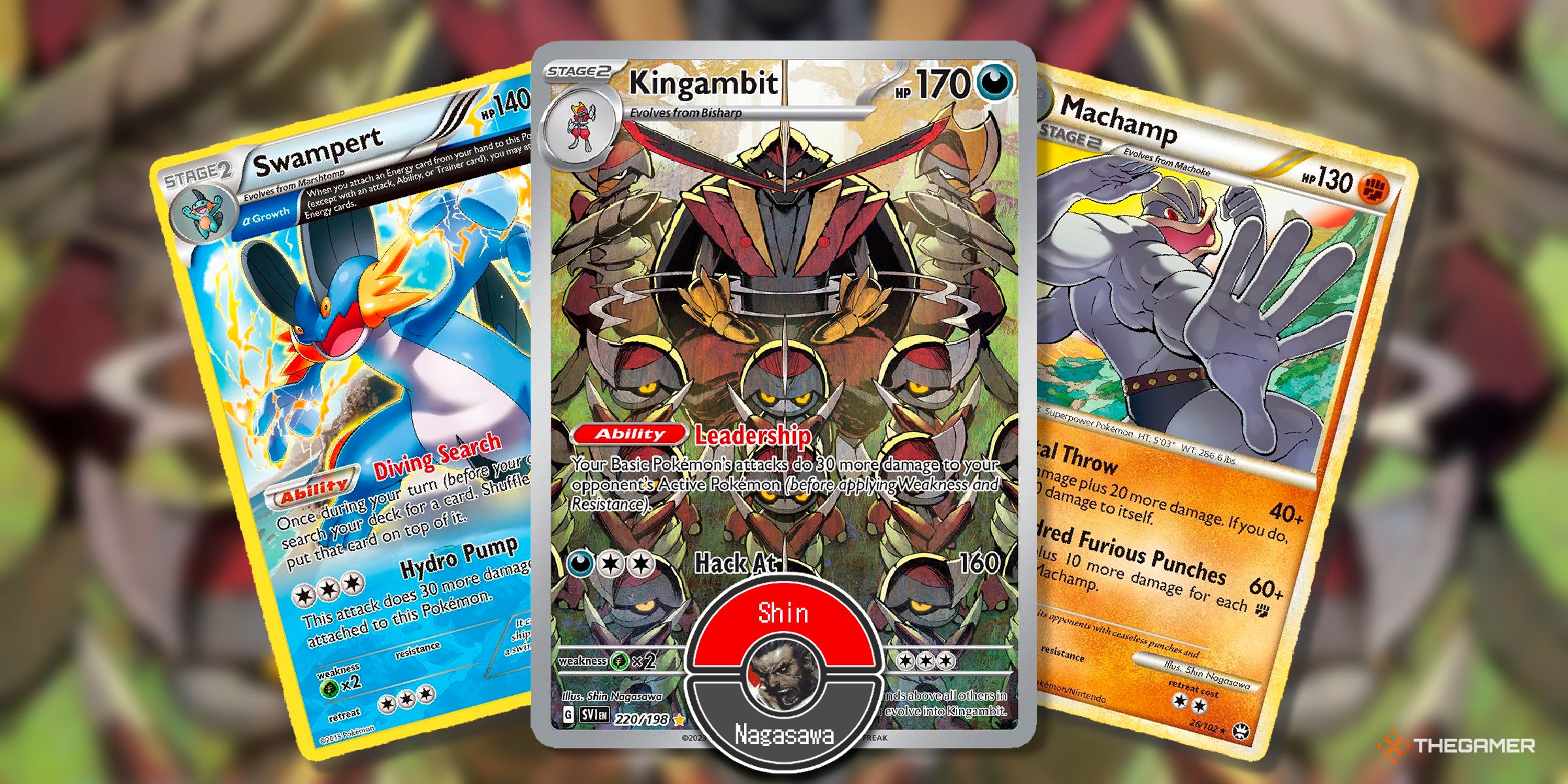 Three cards of Swampert (Primal Clash), Kingambit (Scarlet & Violet Base Set, illustration rare) and Machamp (Triumphant) illustrated by Shin Nagasawa from the Pokemon TCG.
