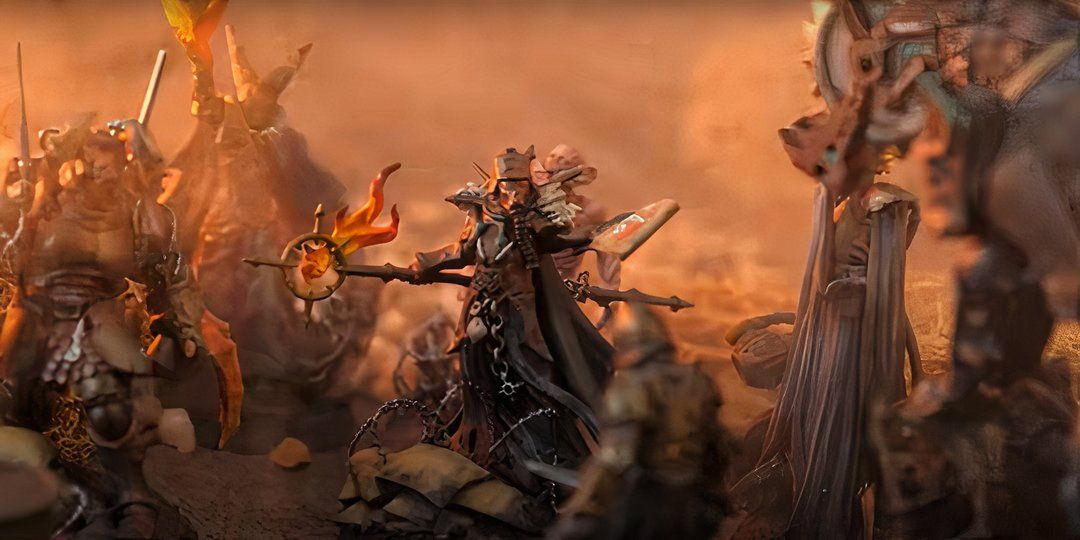 Trench Crusade Mini holding a staff.