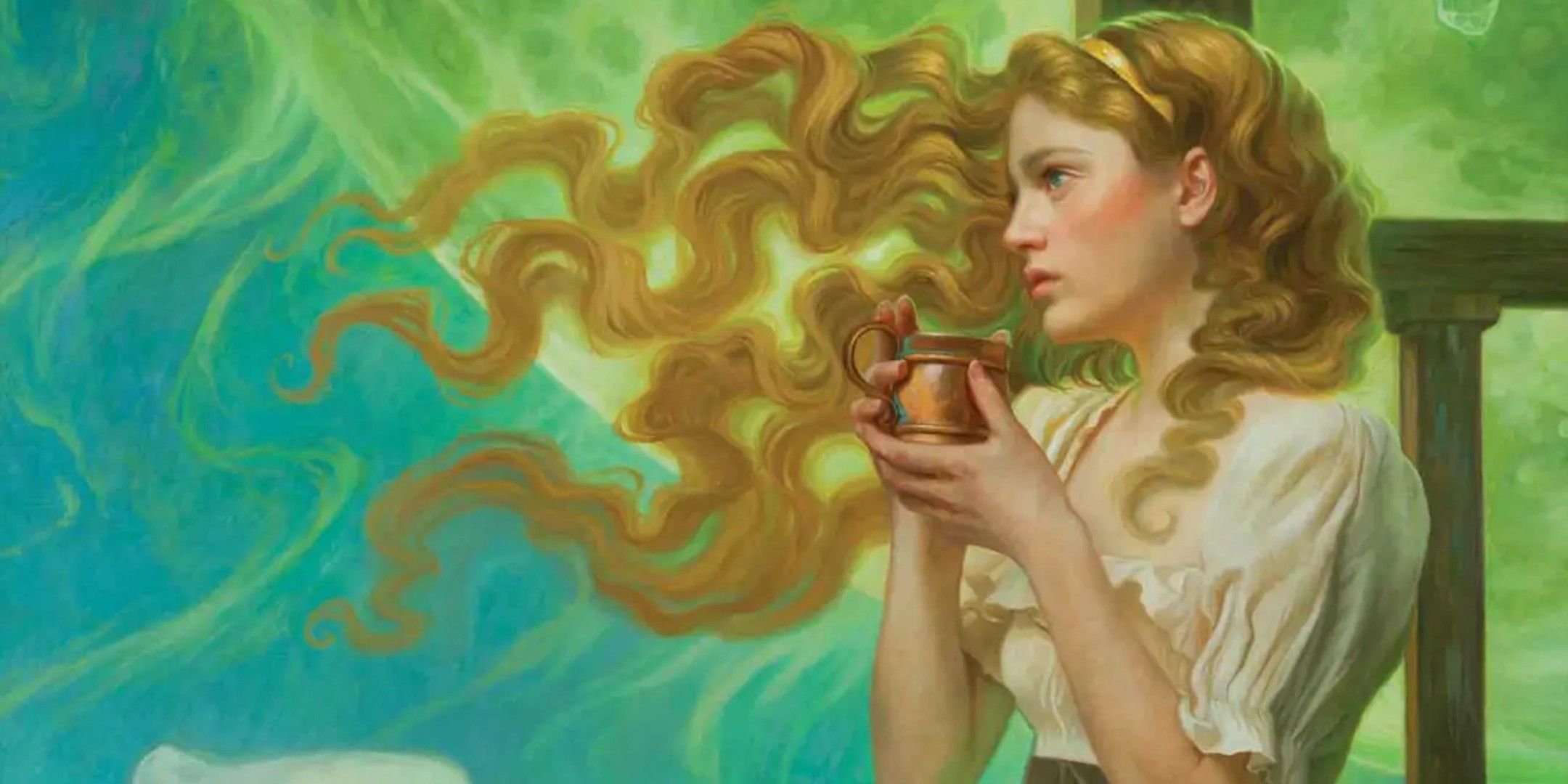 Tress holds a tea cup in official art from Tress of the Emerald Sea.