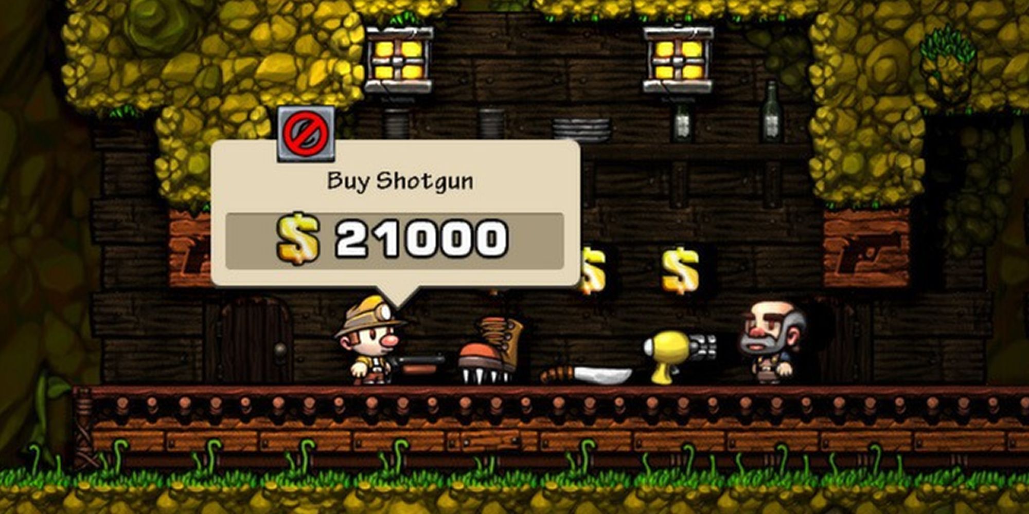 Trying to buy a shotgun in spelunky.