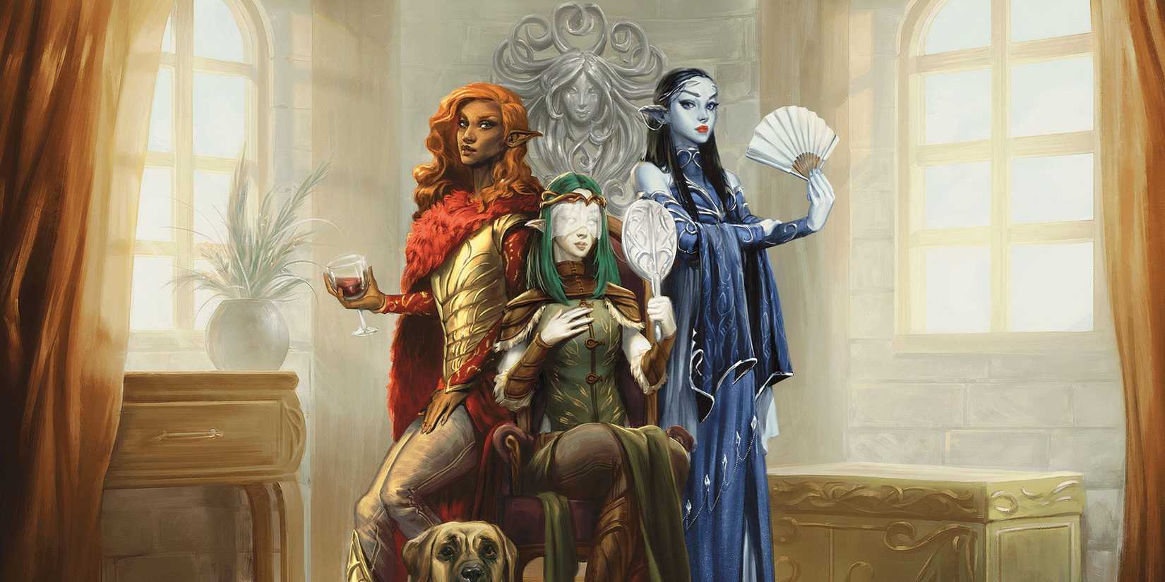 A coven of hags in disguise as three beautiful elven women, one red, one green, and one blue in DND.