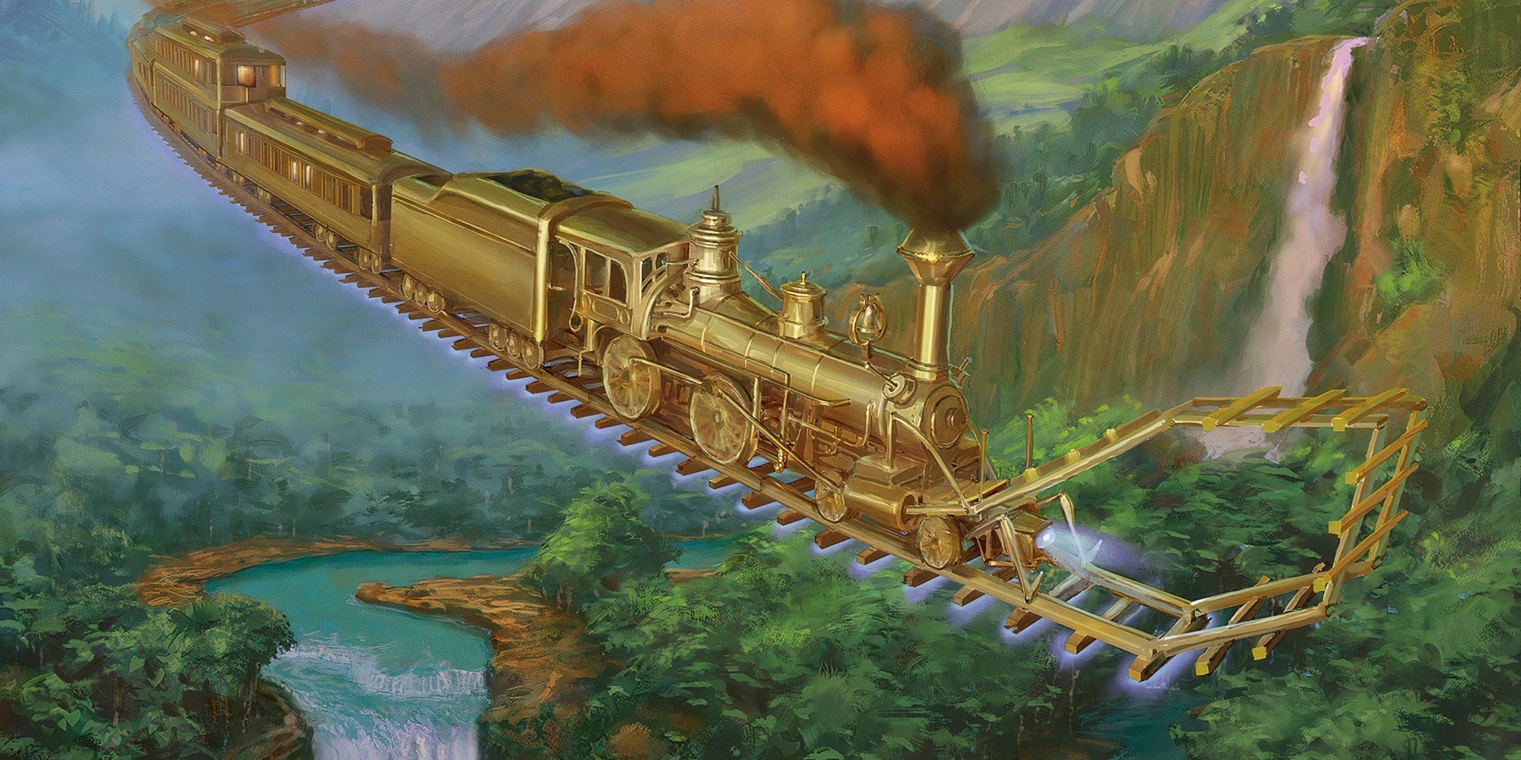 A golden floating train blows up from the sky in the ark on the deadline.