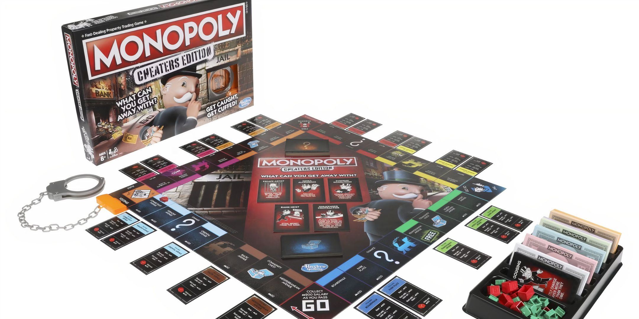 The monopoly of a scammer has a handcuffed set attached to the board.