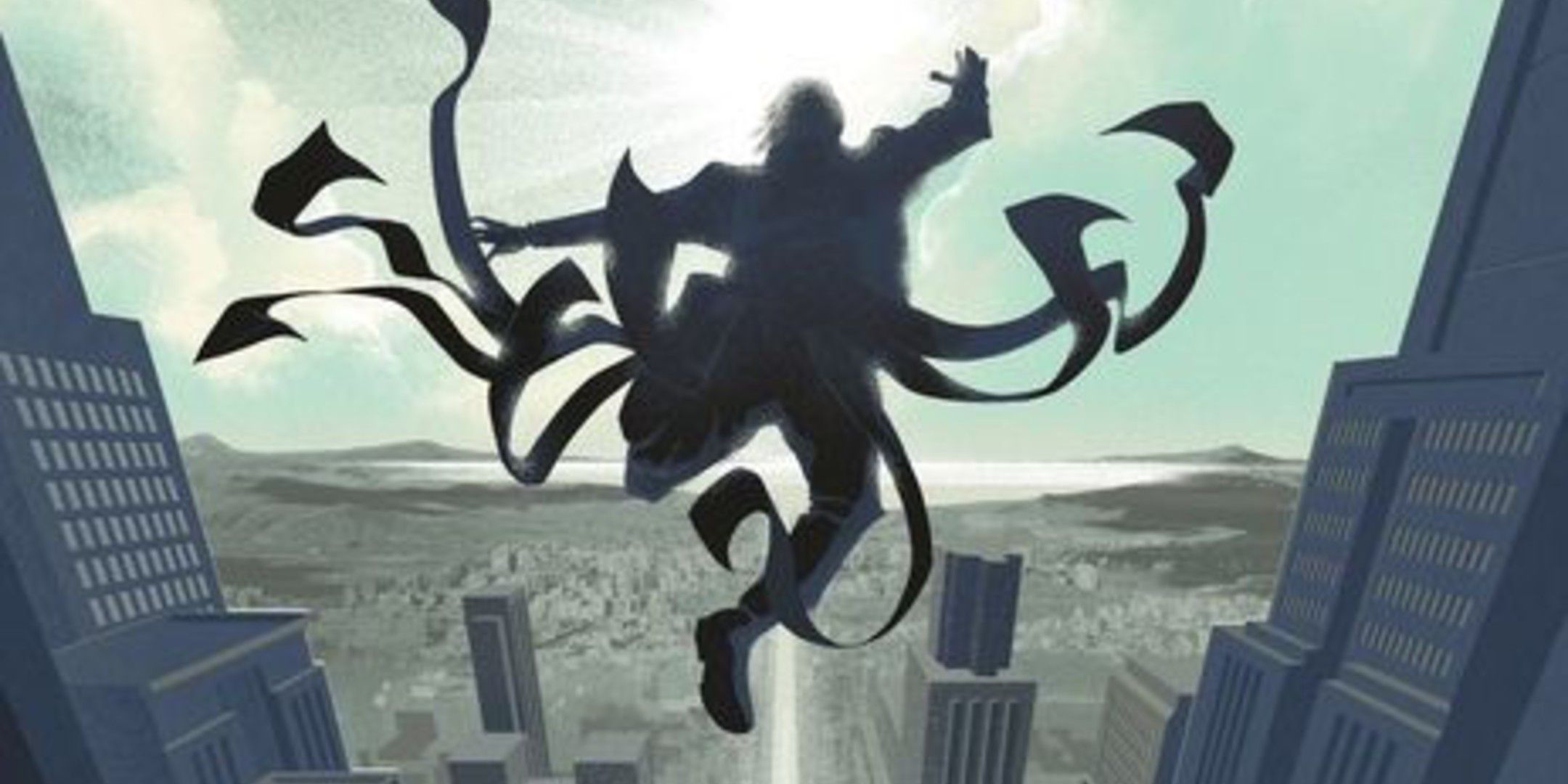 Wax leaps from a building in his mistcloak on the cover of Shadows of Self.